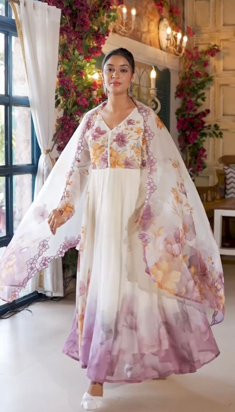 Embroidered Organza Gown with Floral Print