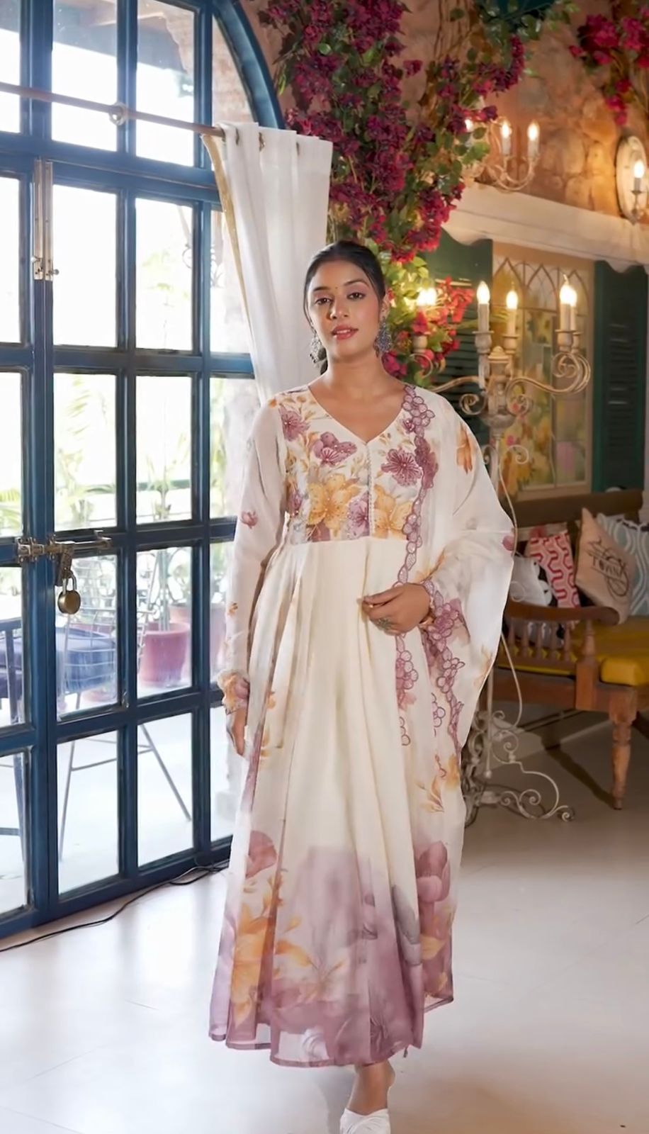 Embroidered Organza Gown with Floral Print