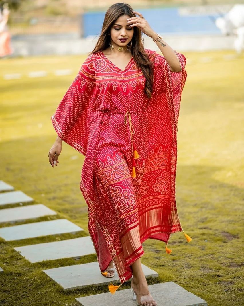 Satin Bandhani Print Designer Kaftan Dress