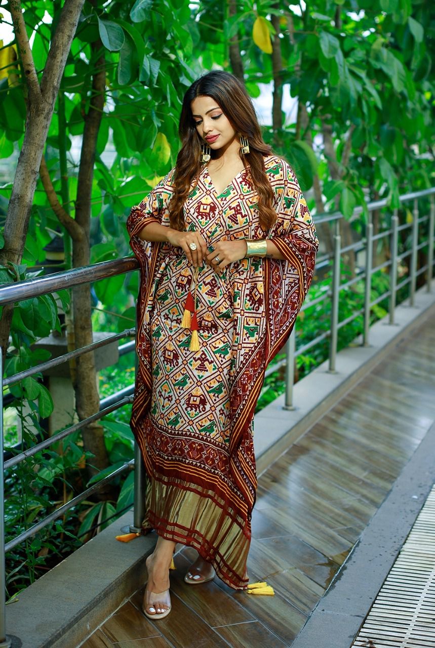 Brown & Multi-Color Printed Satin Kaftan