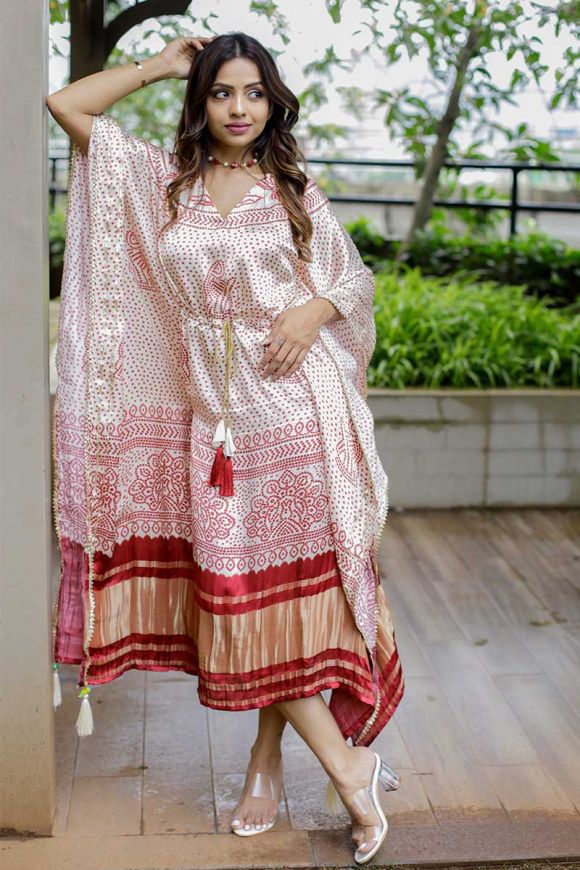 Designer White & Maroon Satin Kaftan Dress