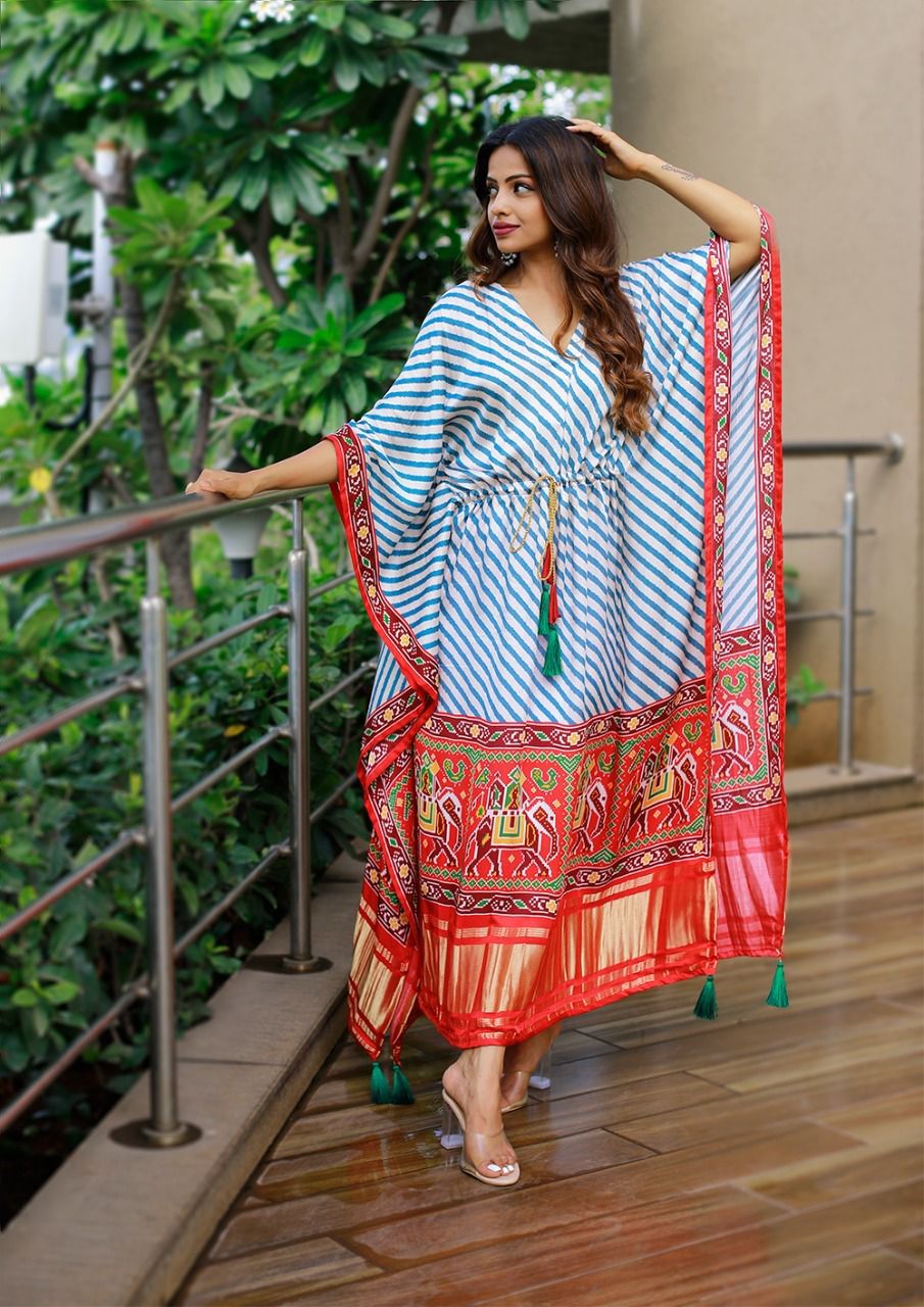 Blue & White Striped Satin Kaftan with Tassels
