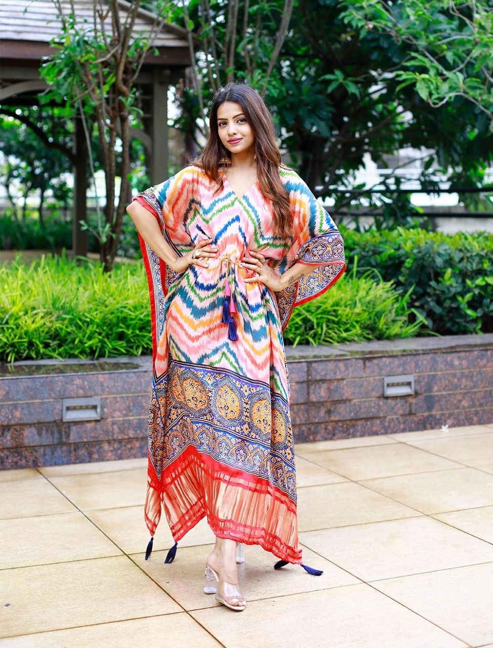 Abstract and Traditional Print Satin Kaftan Dress