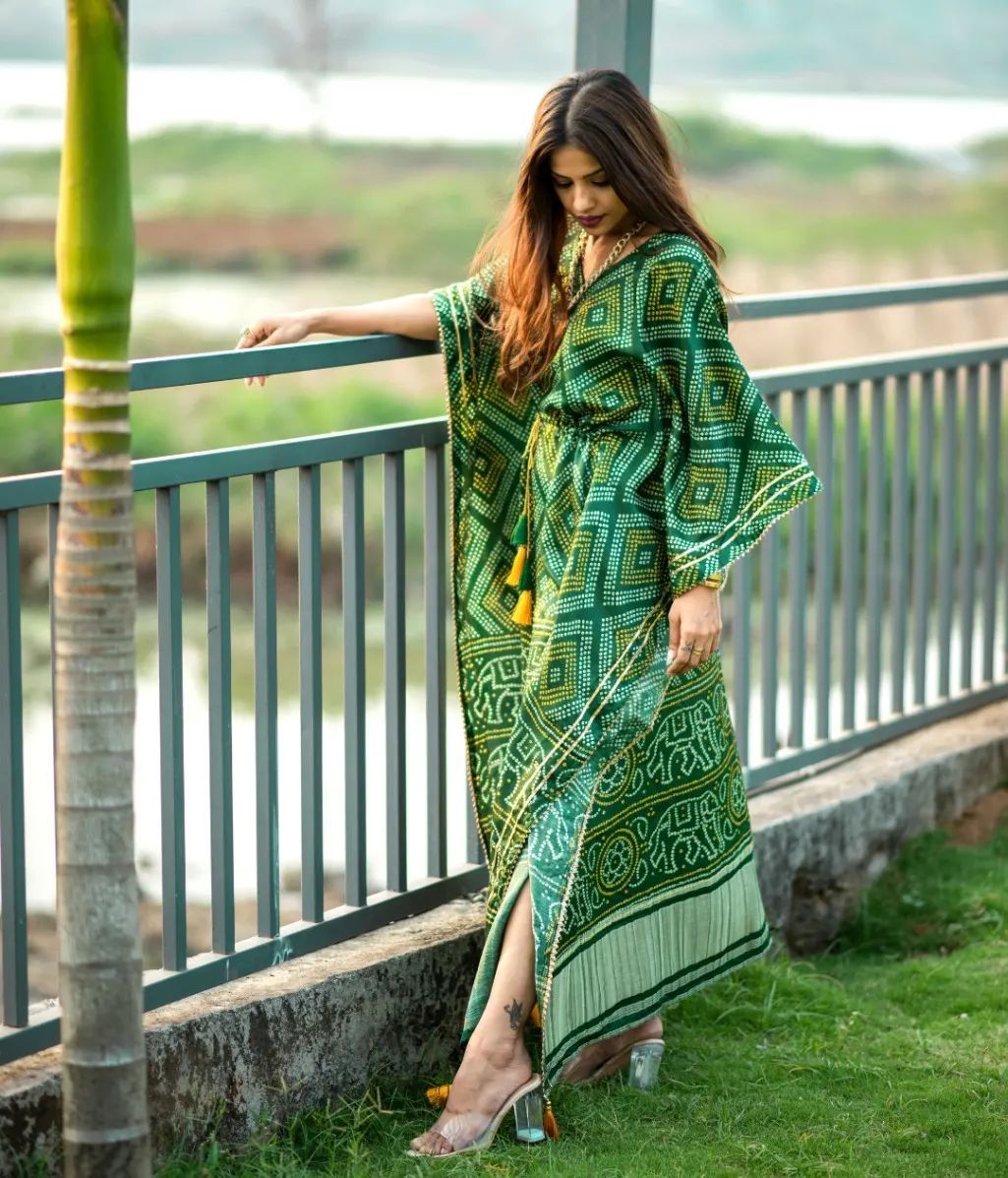 Green Printed Satin Kaftan with Tassels