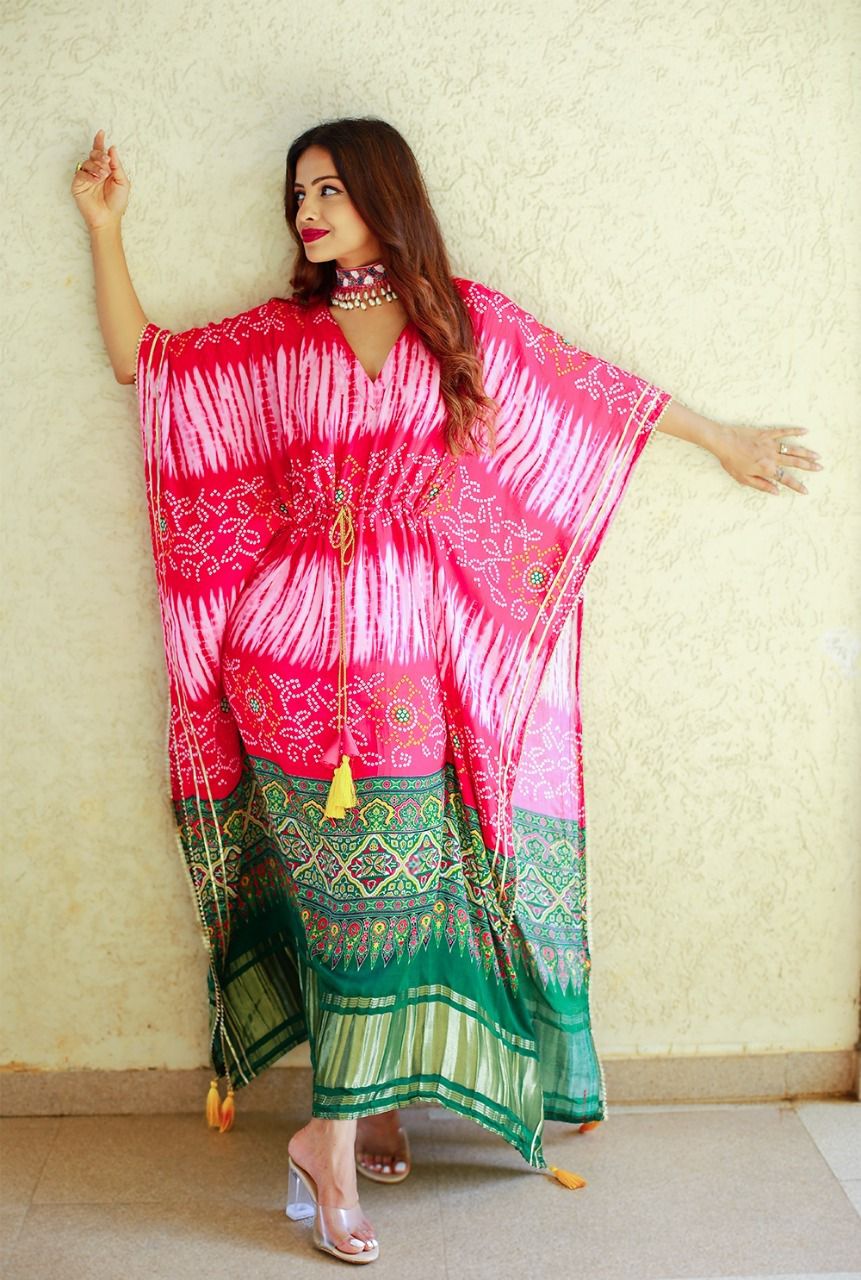 Hot Pink & Green Printed Satin Kaftan