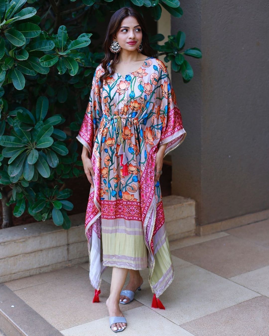 Multi-Color Floral Printed Satin Kaftan