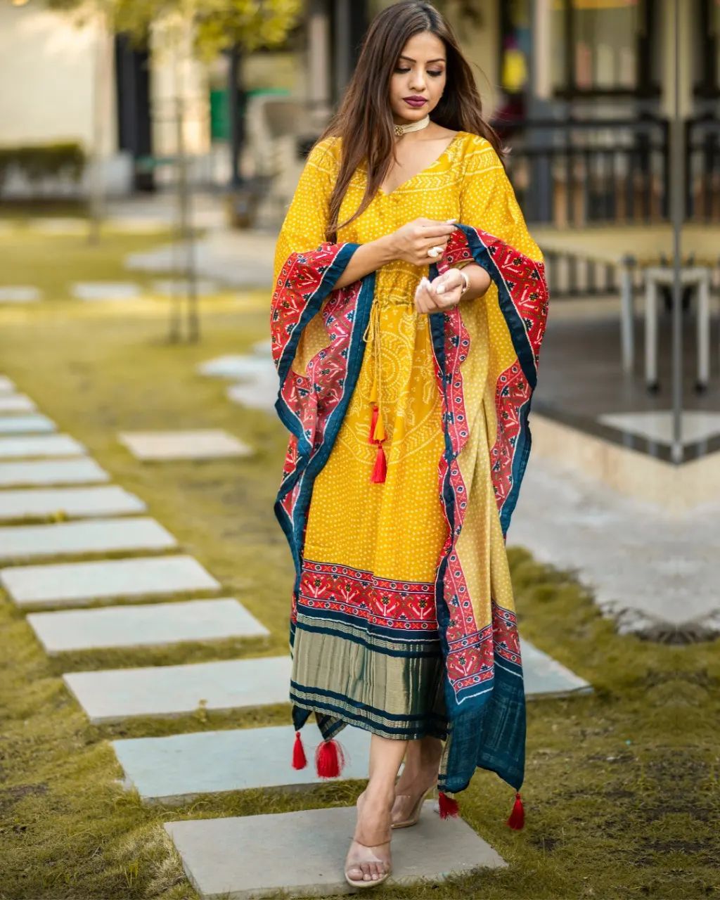 Yellow & Red Printed Satin Kaftan