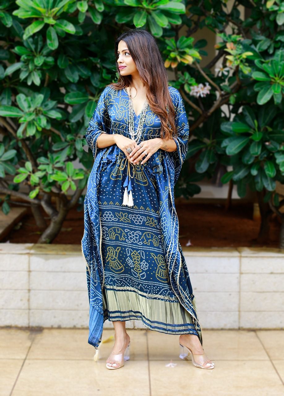 Navy Blue & White Printed Satin Kaftan