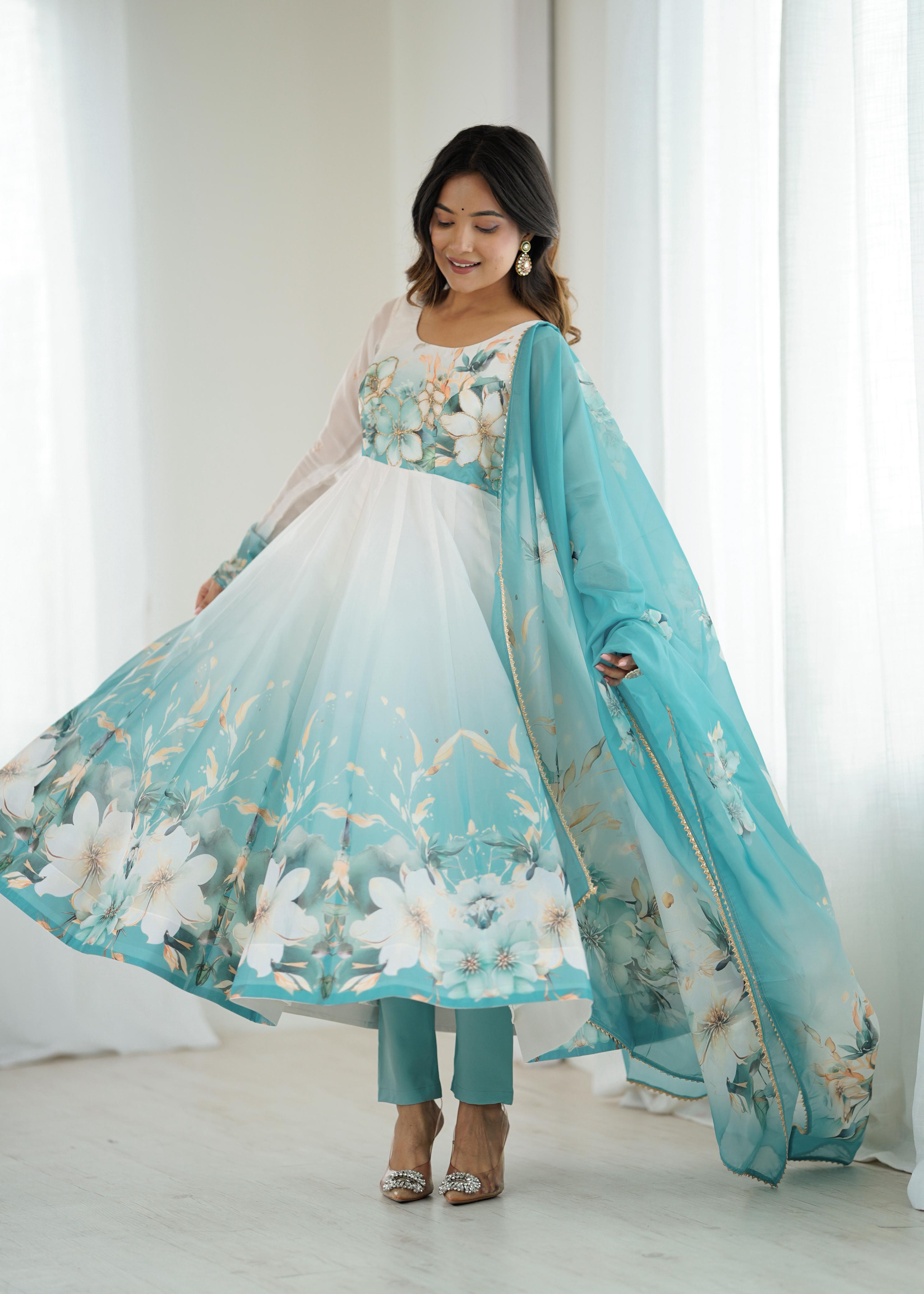Aqua Blue Floral Organza Silk Anarkali Gown Set