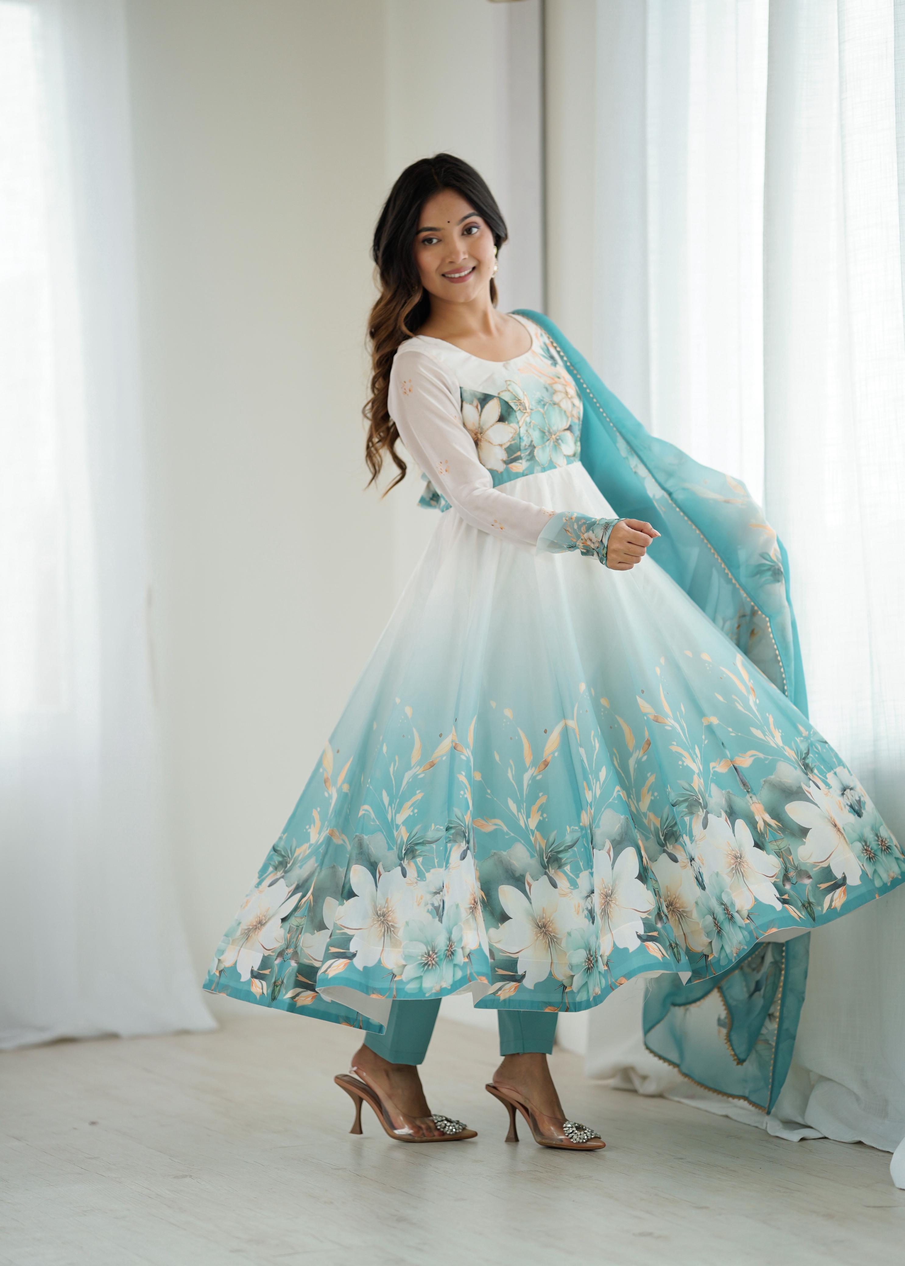 Aqua Blue Floral Organza Silk Anarkali Gown Set