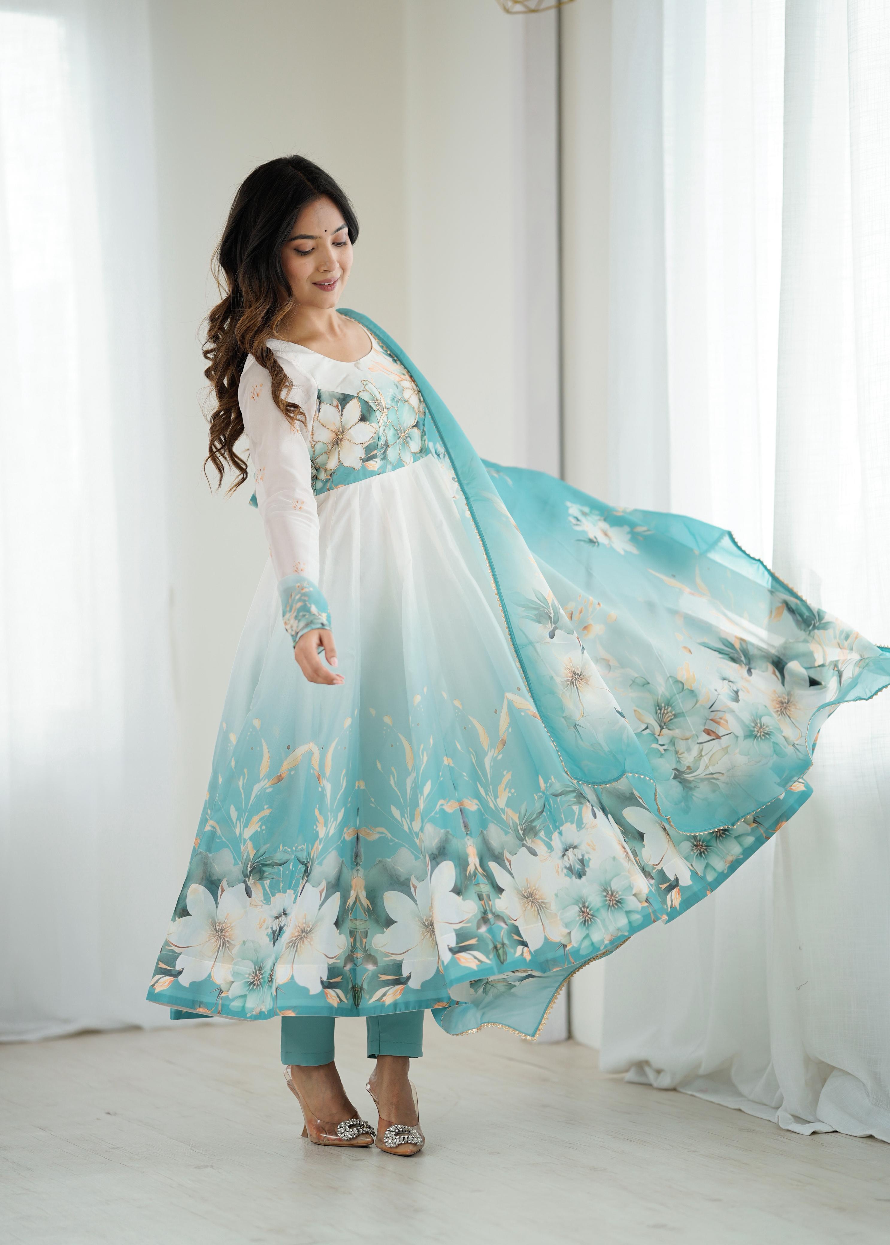 Aqua Blue Floral Organza Silk Anarkali Gown Set