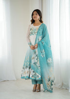 Aqua Blue Floral Organza Silk Anarkali Gown Set