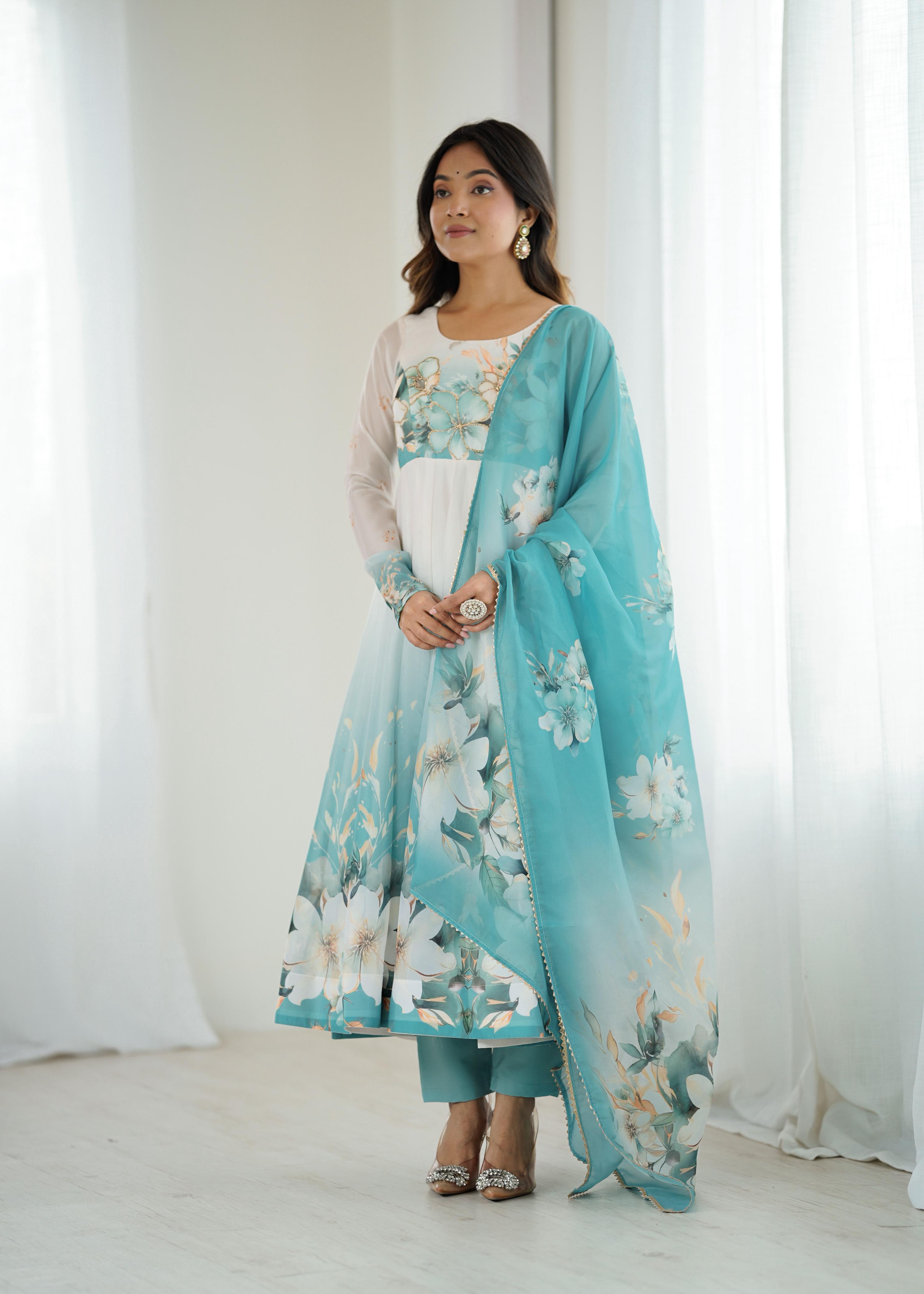 Aqua Blue Floral Organza Silk Anarkali Gown Set