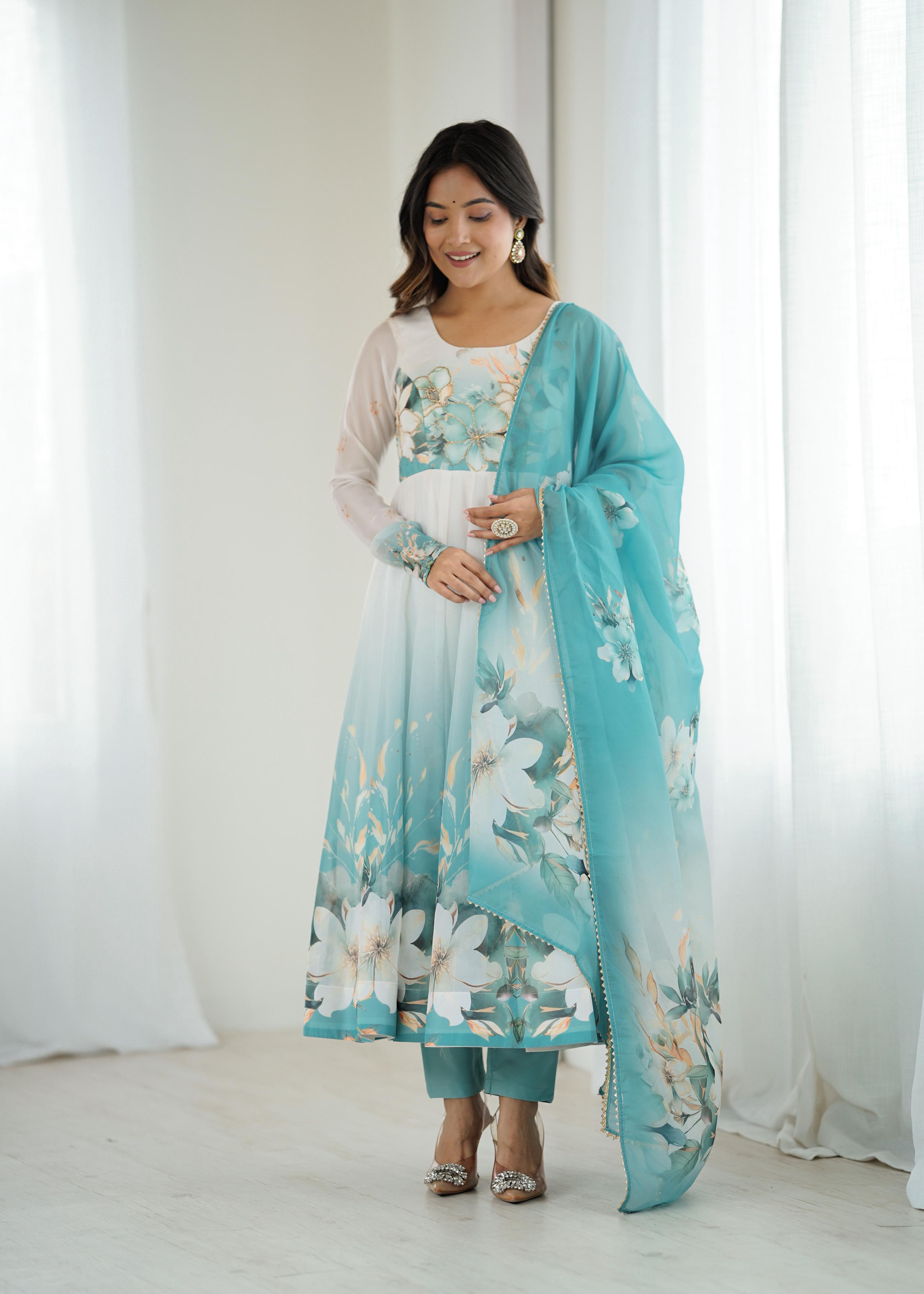 Aqua Blue Floral Organza Silk Anarkali Gown Set