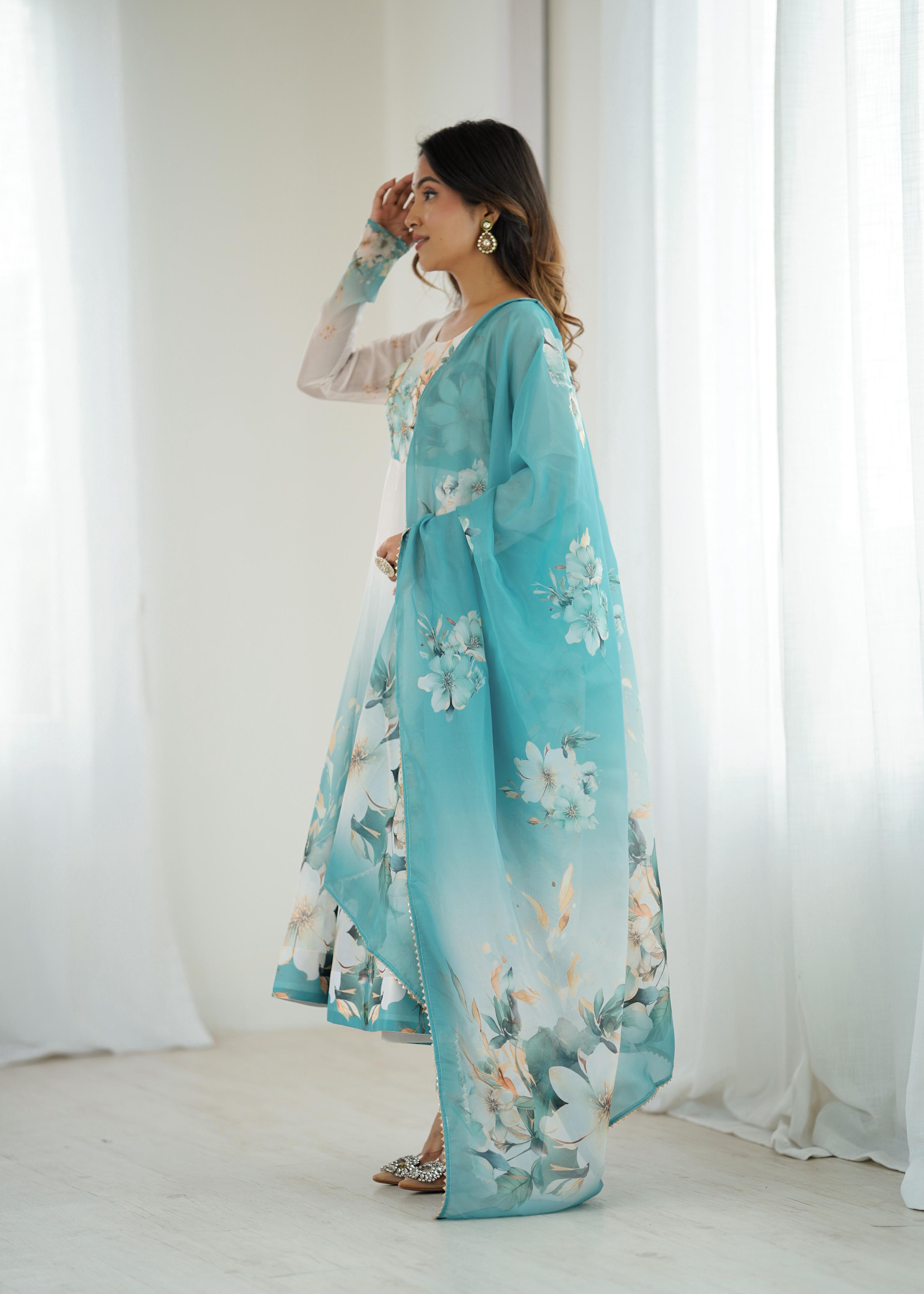 Aqua Blue Floral Organza Silk Anarkali Gown Set