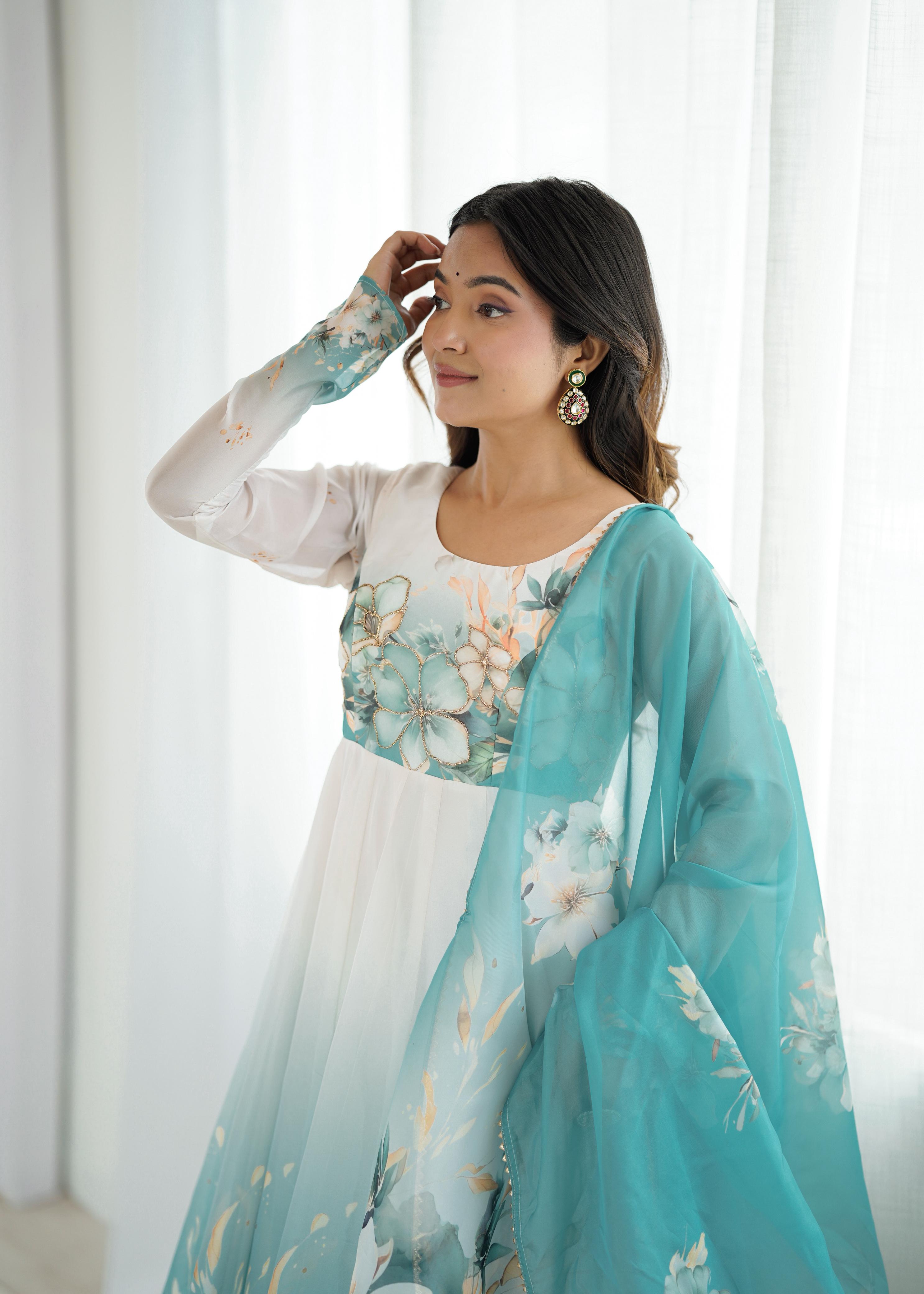 Aqua Blue Floral Organza Silk Anarkali Gown Set