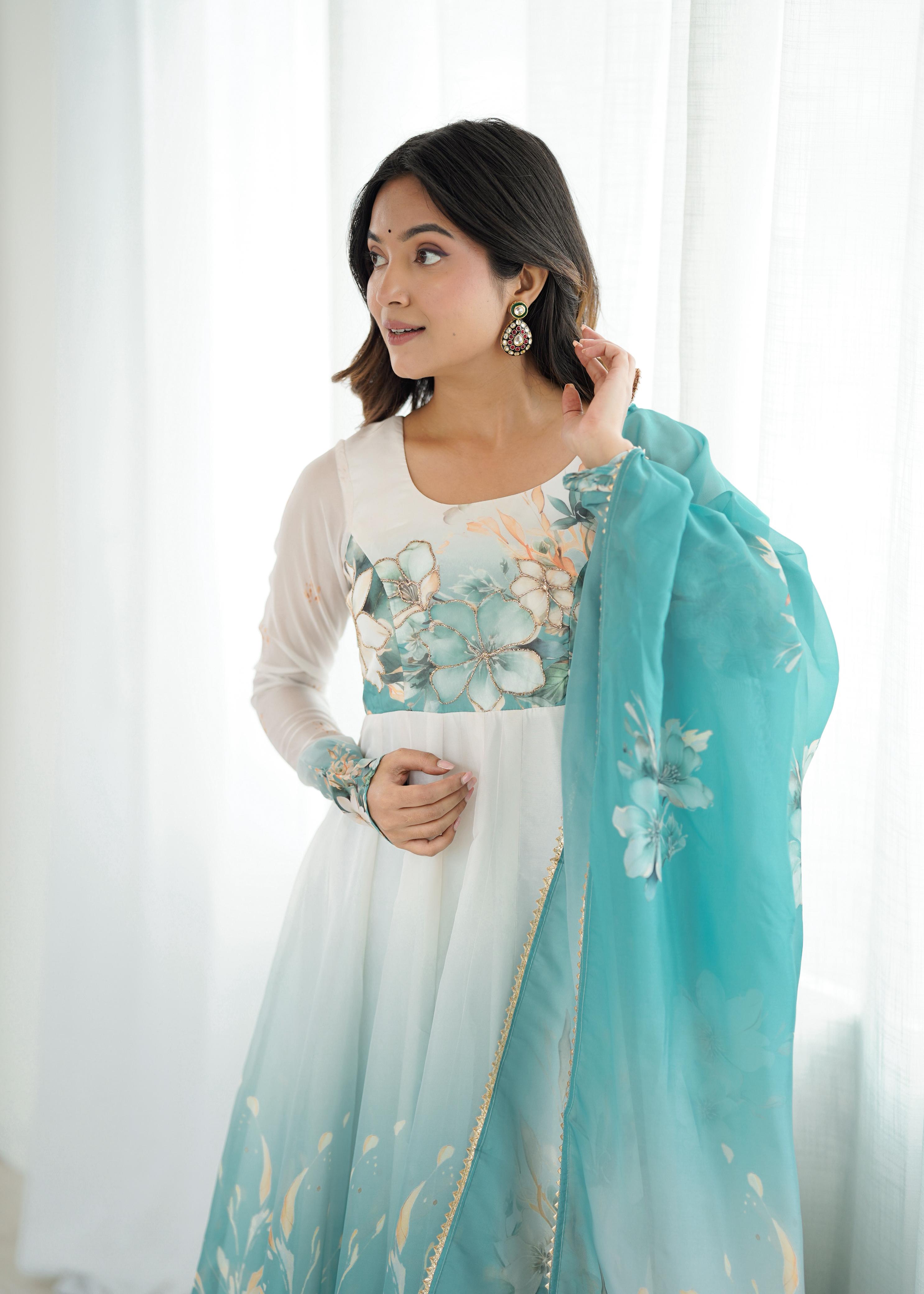 Aqua Blue Floral Organza Silk Anarkali Gown Set