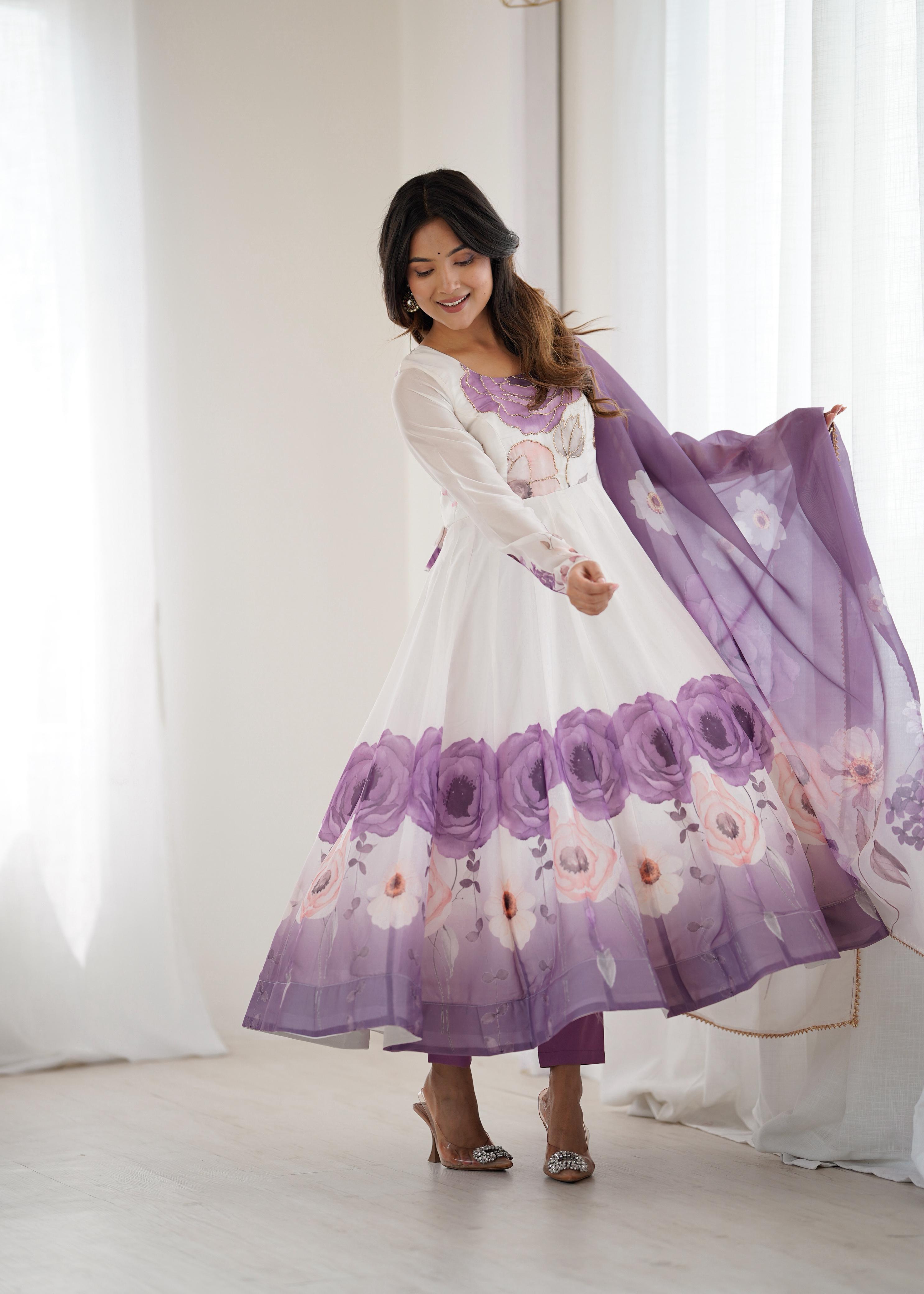 Lavender Bloom Organza Silk Anarkali Gown Set