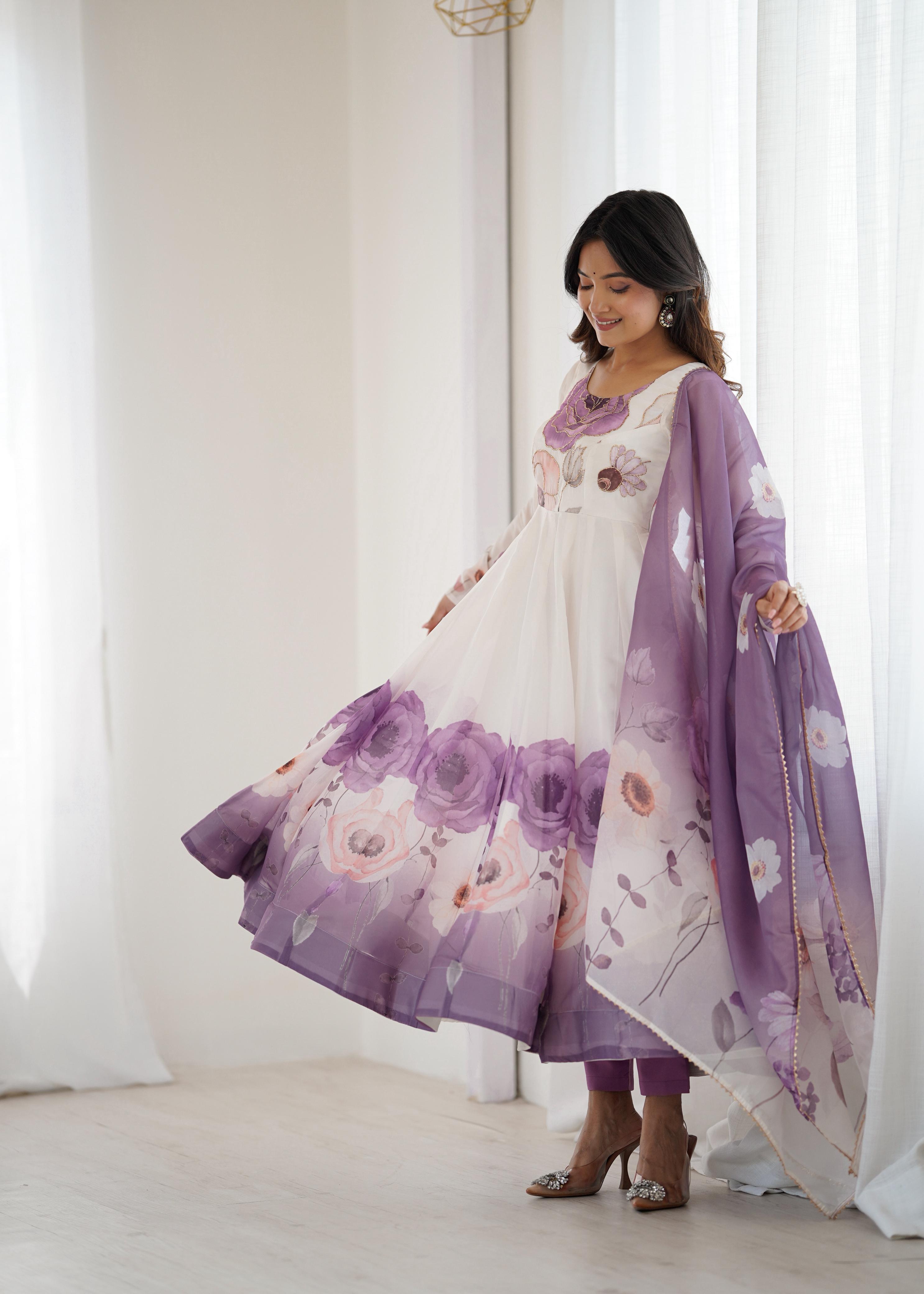 Lavender Bloom Organza Silk Anarkali Gown Set
