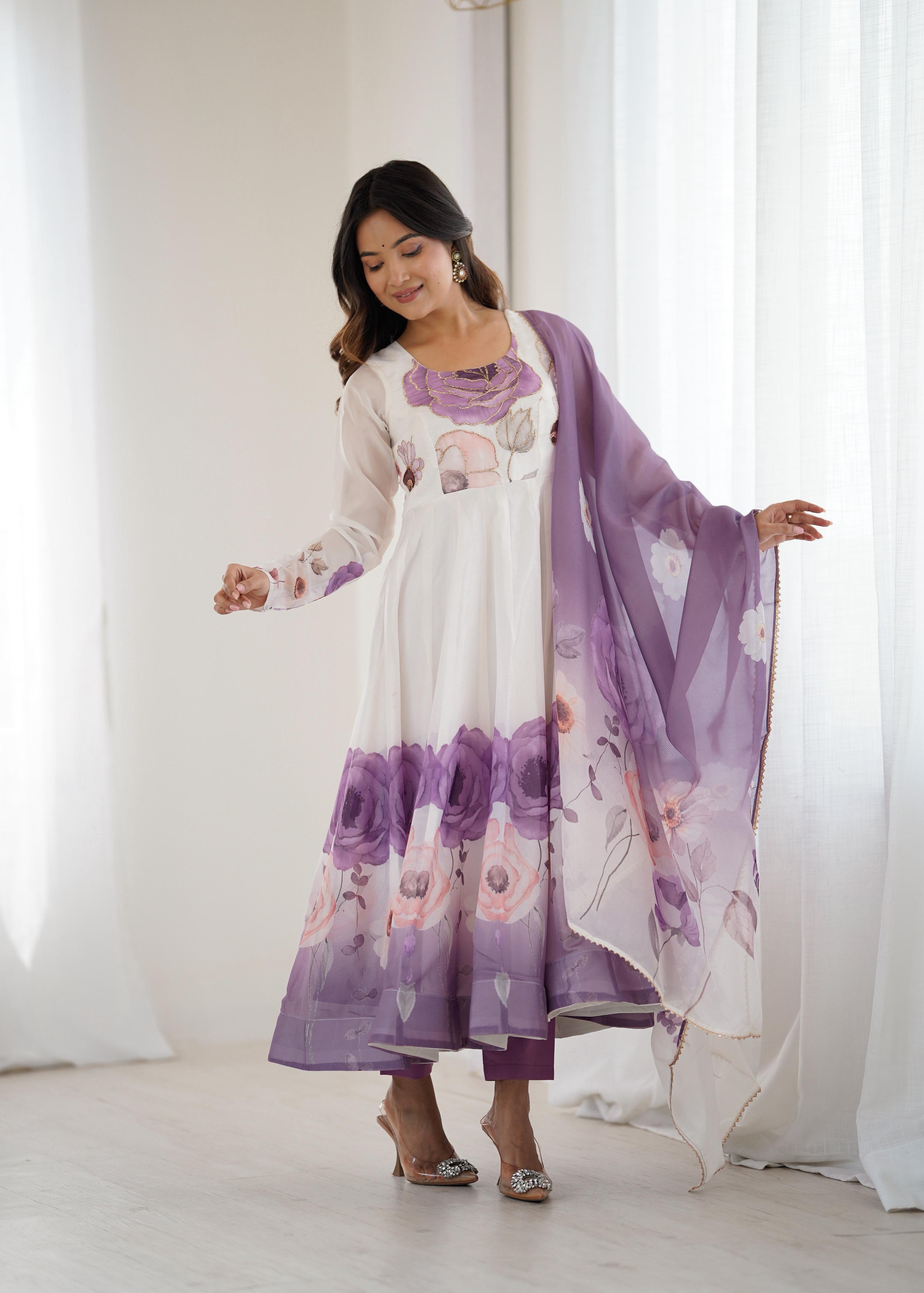 Lavender Bloom Organza Silk Anarkali Gown Set