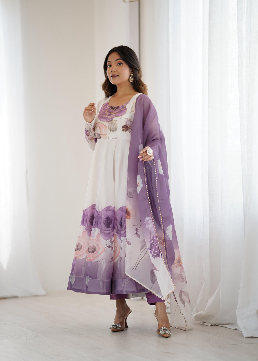 Lavender Bloom Organza Silk Anarkali Gown Set