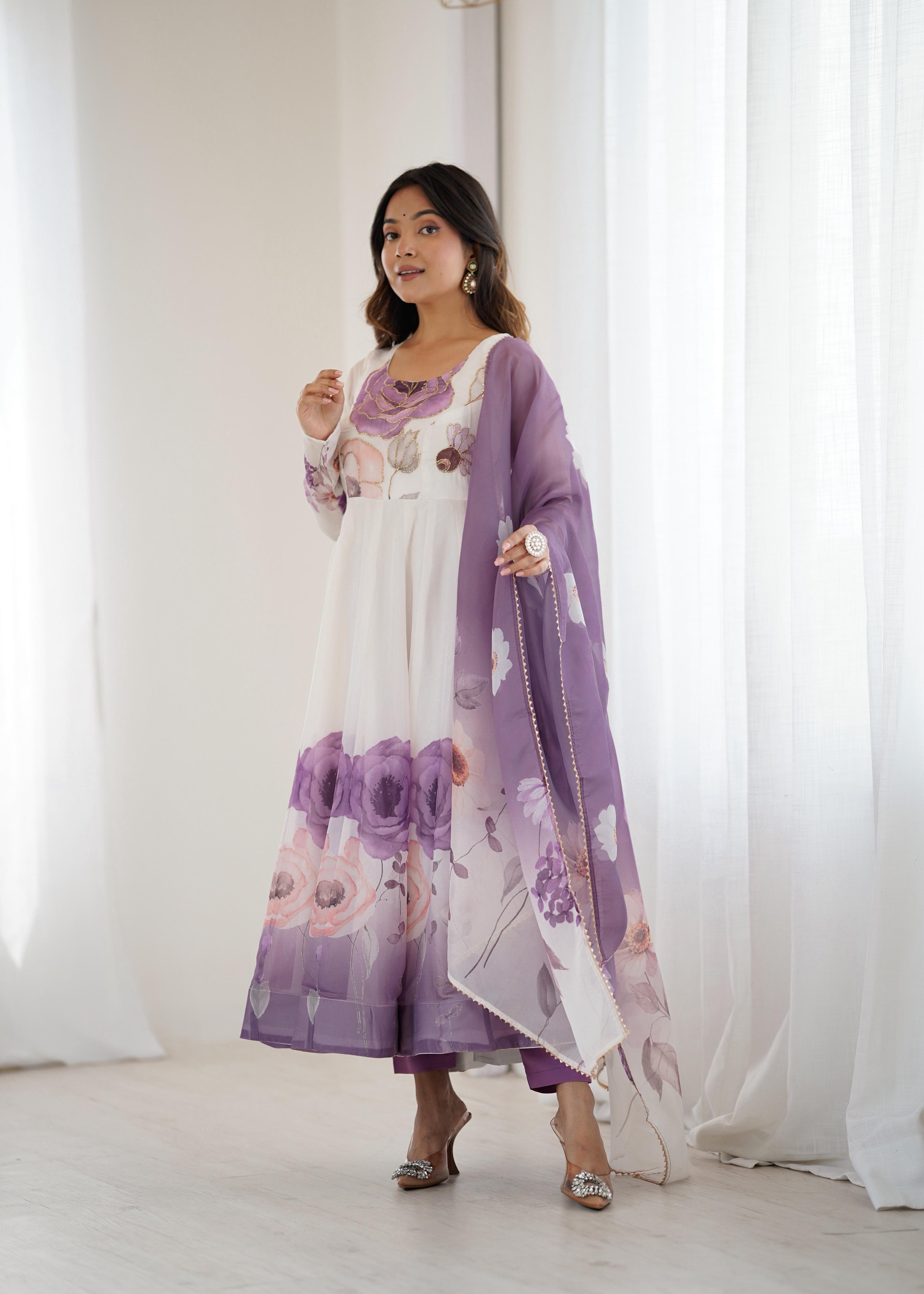 Lavender Bloom Organza Silk Anarkali Gown Set