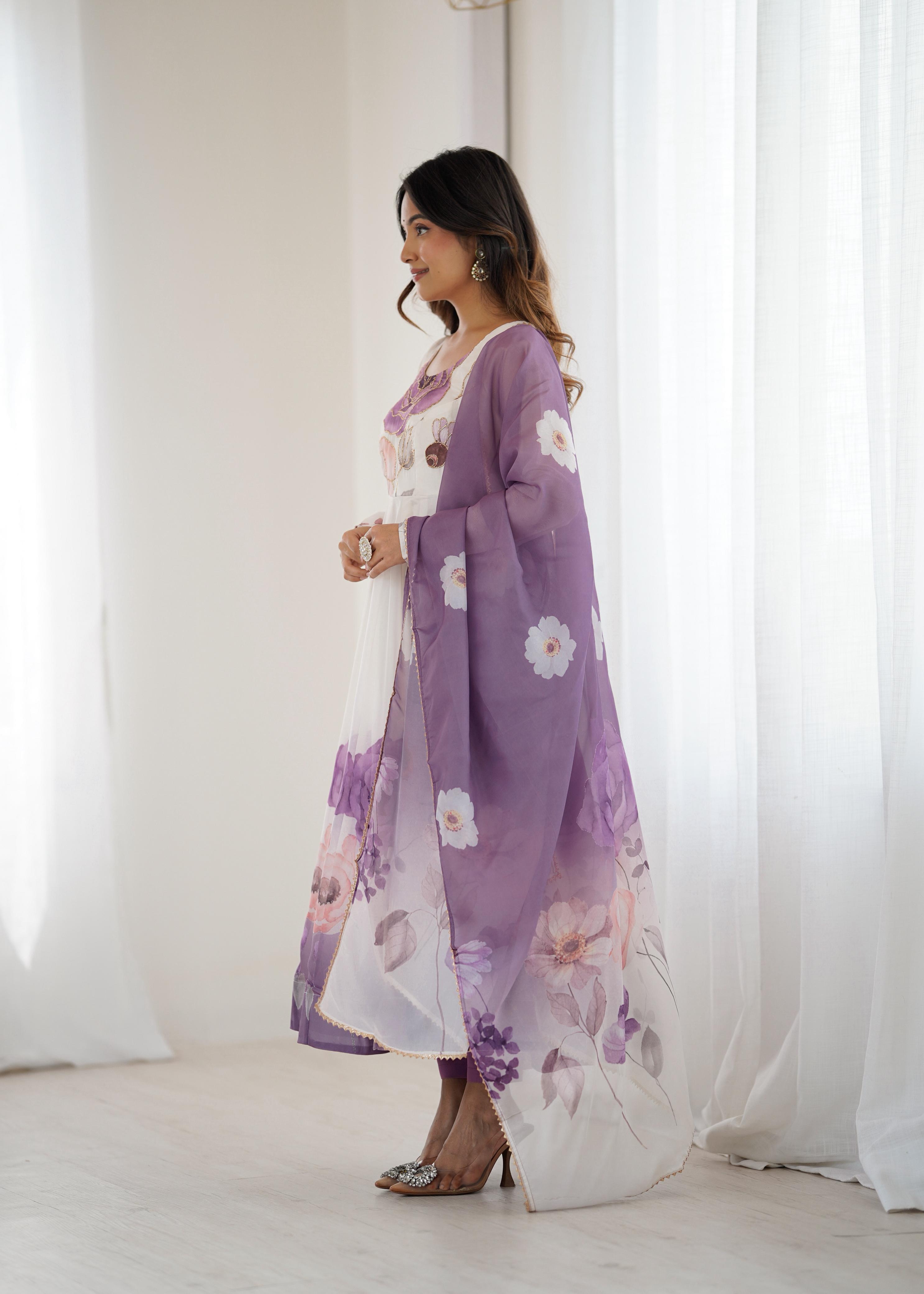 Lavender Bloom Organza Silk Anarkali Gown Set