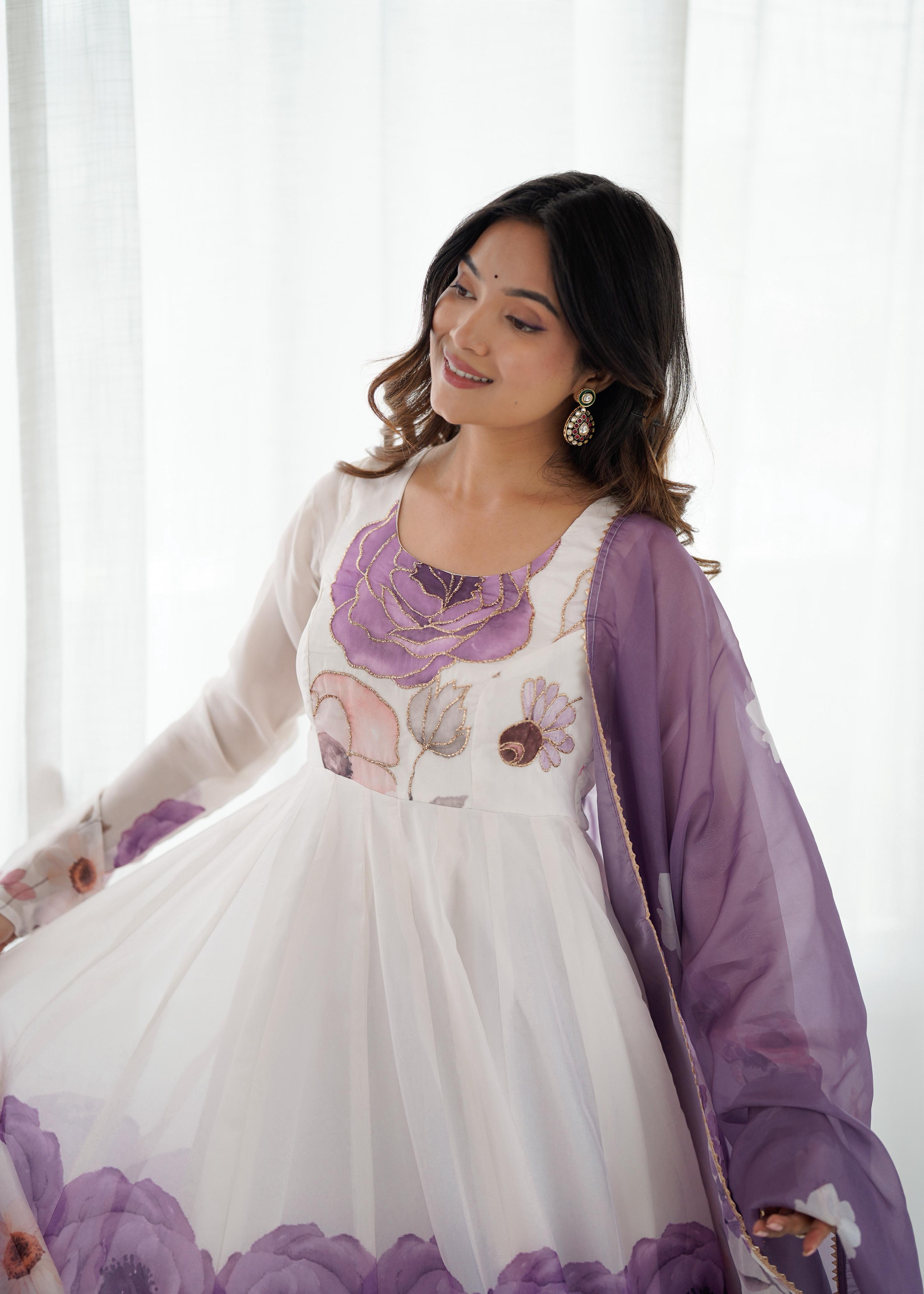 Lavender Bloom Organza Silk Anarkali Gown Set