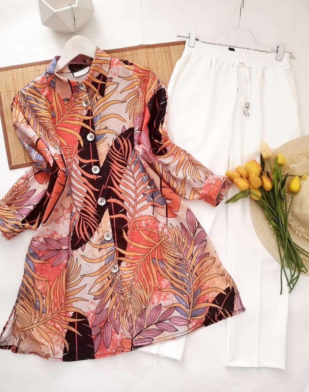 Tropical Leaf Print Kurti with White Lycra Plazzo Set