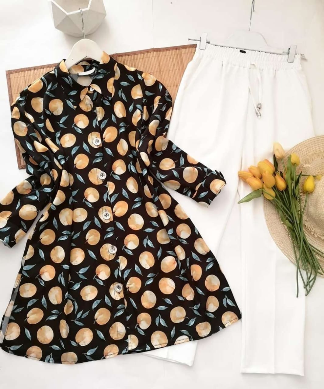 Black Orange and Leaf Print Kurti with White Lycra Plazzo Set