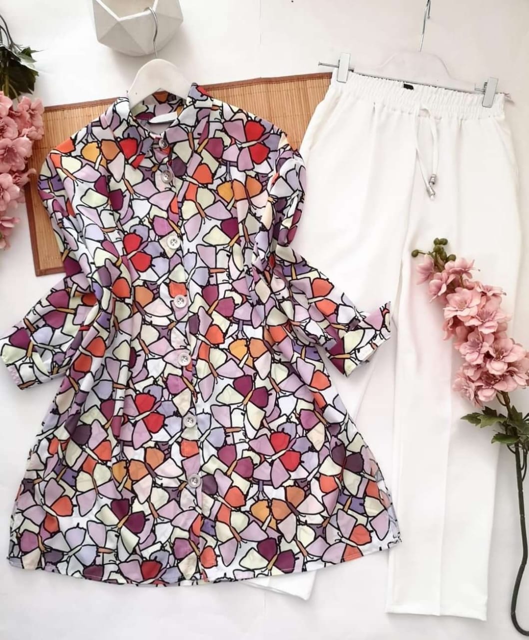 Abstract Printed Kurti with White Lycra Plazzo Set
