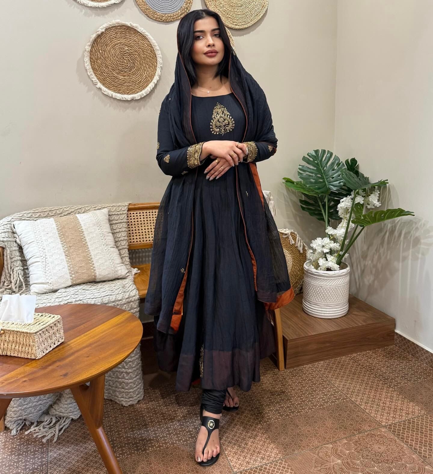 Black Embroidered Georgette Anarkali Gown Set