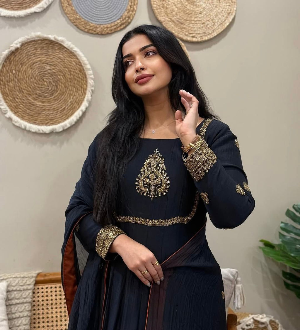 Black Embroidered Georgette Anarkali Gown Set