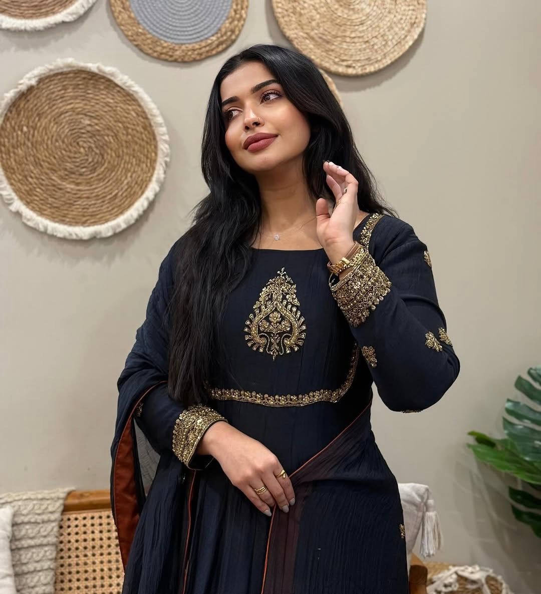Black Embroidered Georgette Anarkali Gown Set