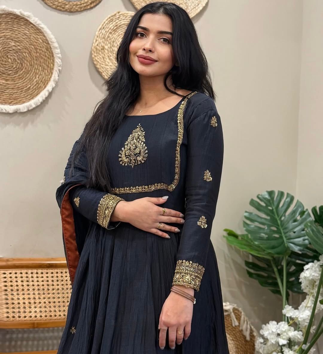 Black Embroidered Georgette Anarkali Gown Set