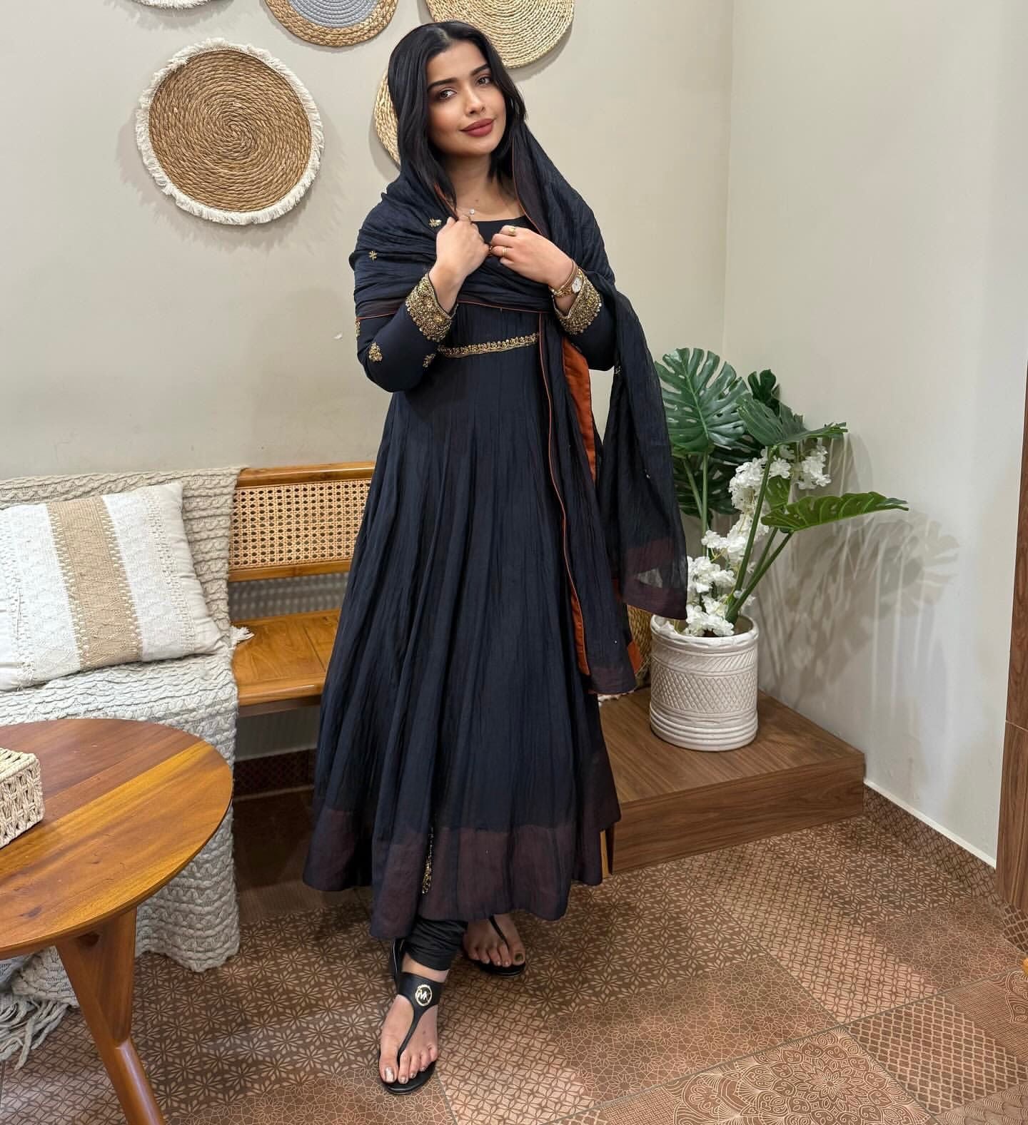 Black Embroidered Georgette Anarkali Gown Set