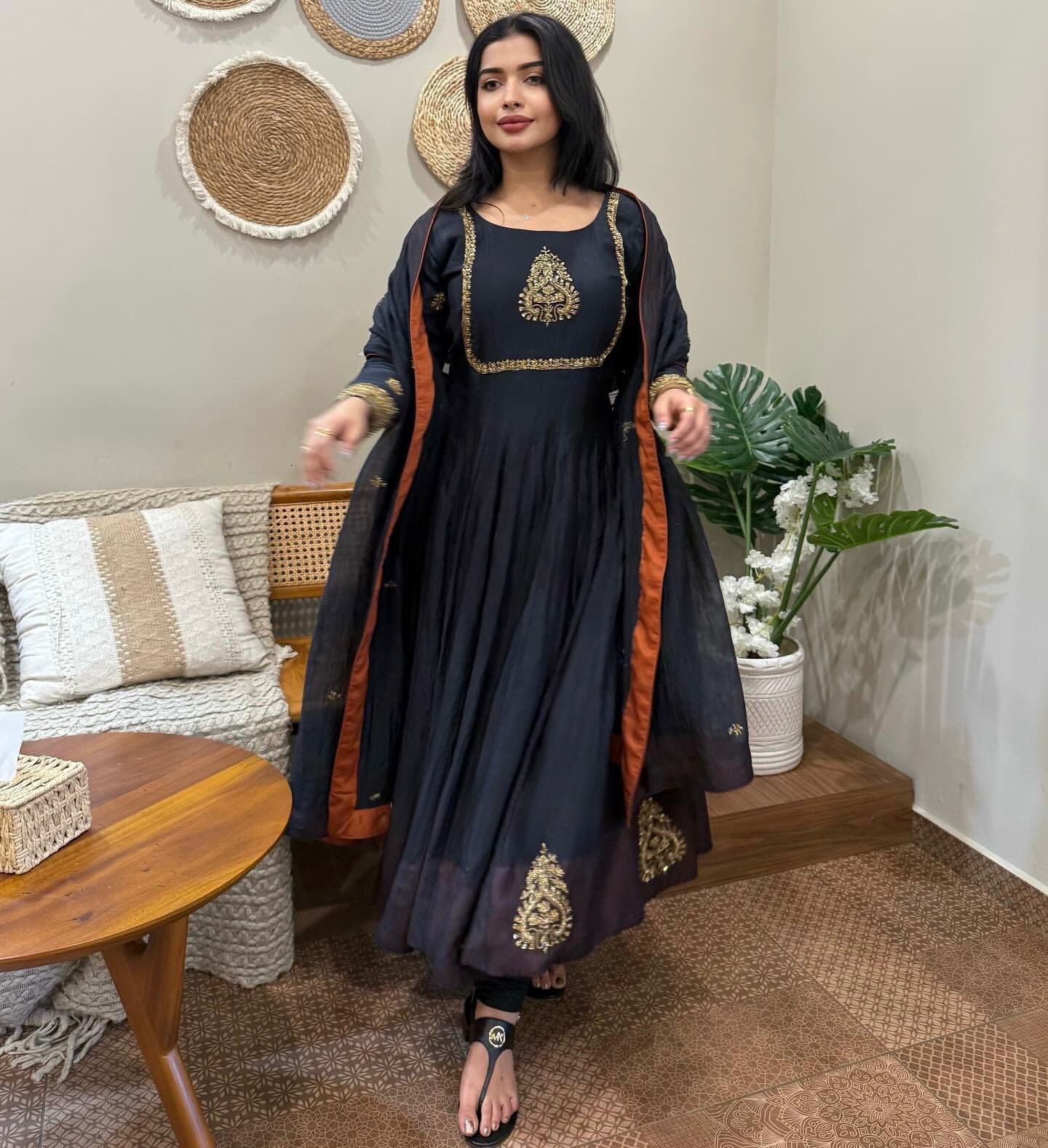 Black Embroidered Georgette Anarkali Gown Set