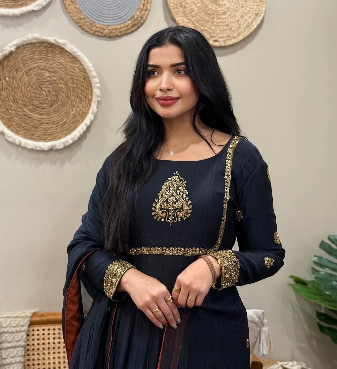 Black Embroidered Georgette Anarkali Gown Set