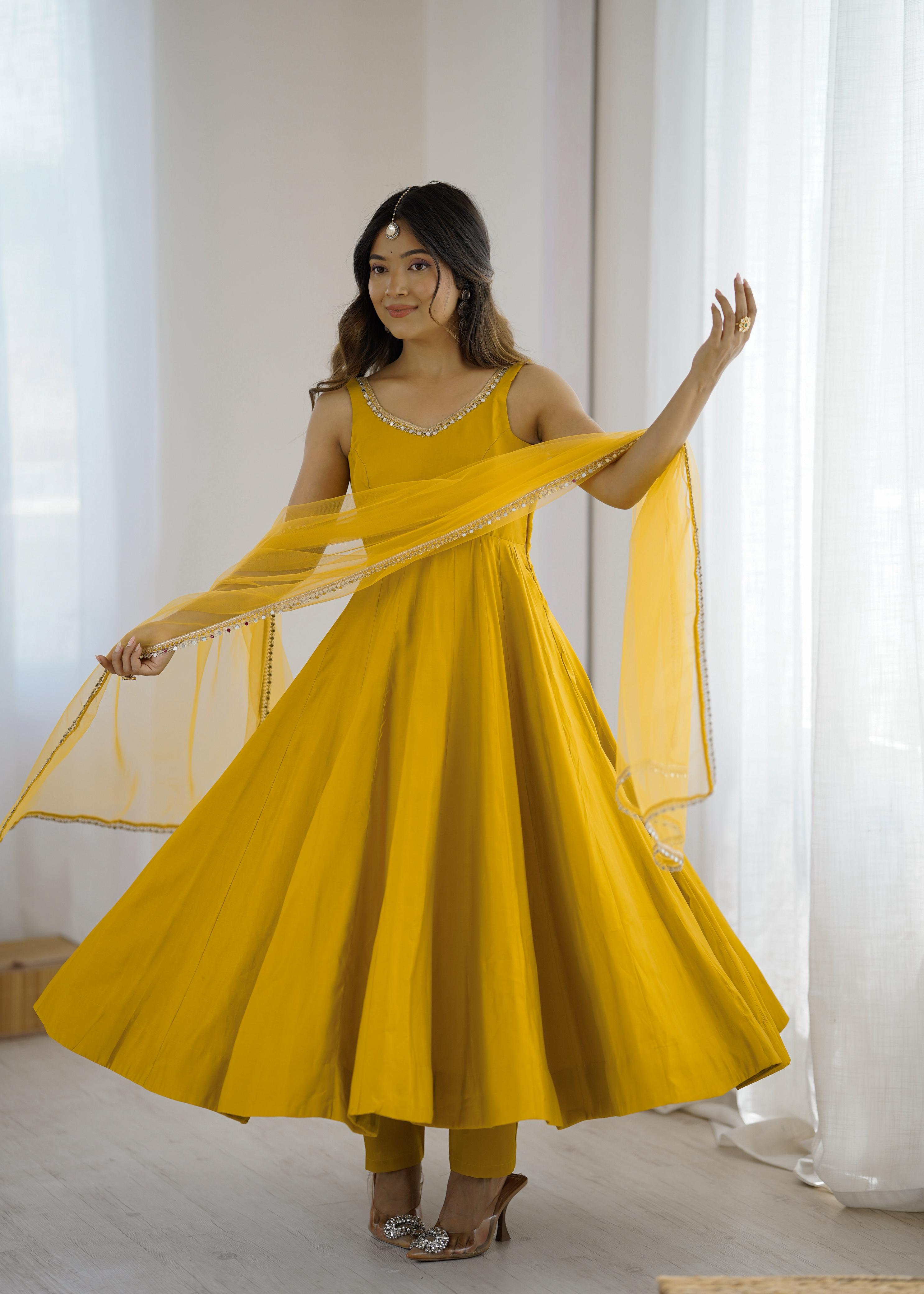 Mustard Yellow Anarkali Gown with Fancy Lace Dupatta