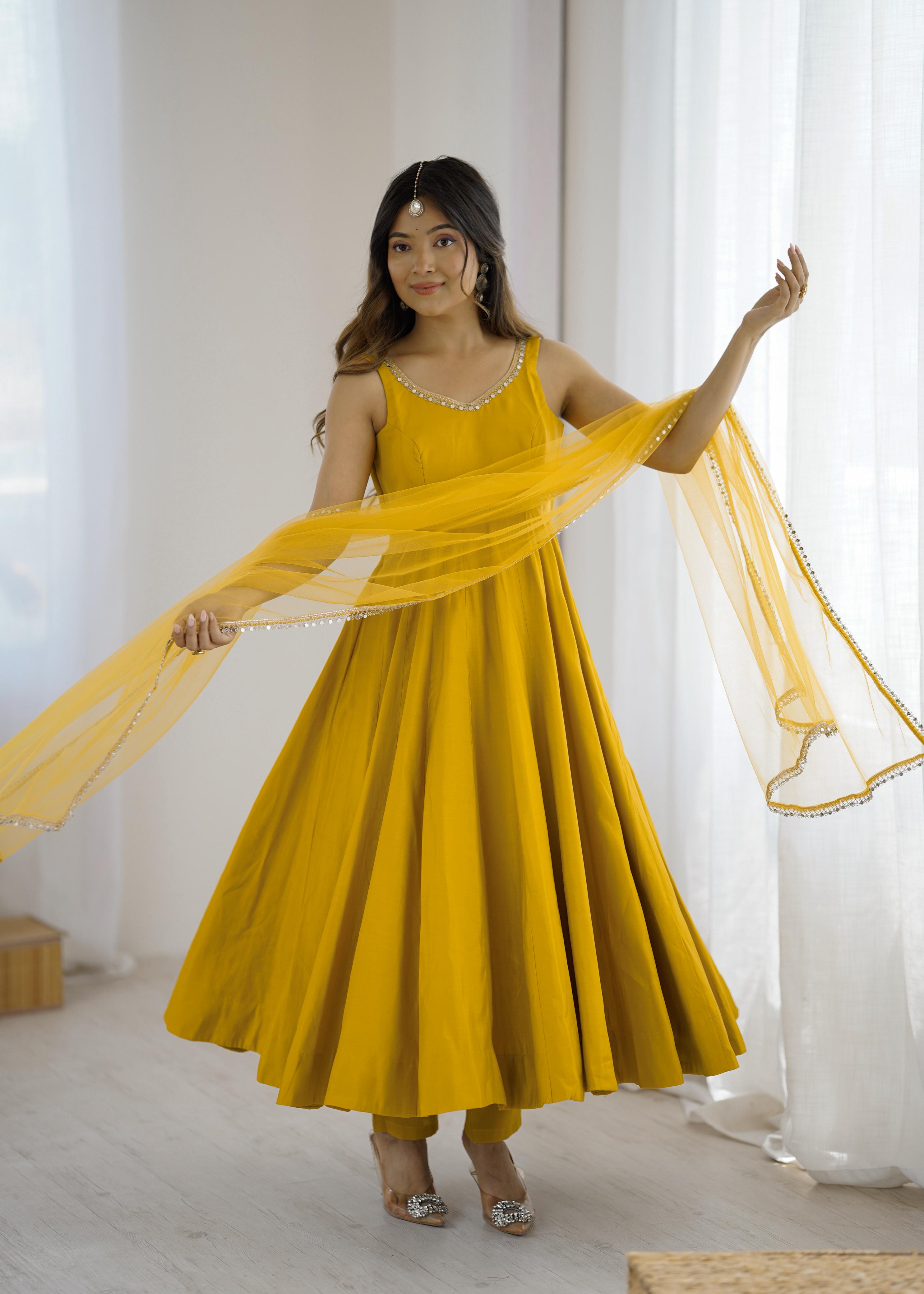 Mustard Yellow Anarkali Gown with Fancy Lace Dupatta