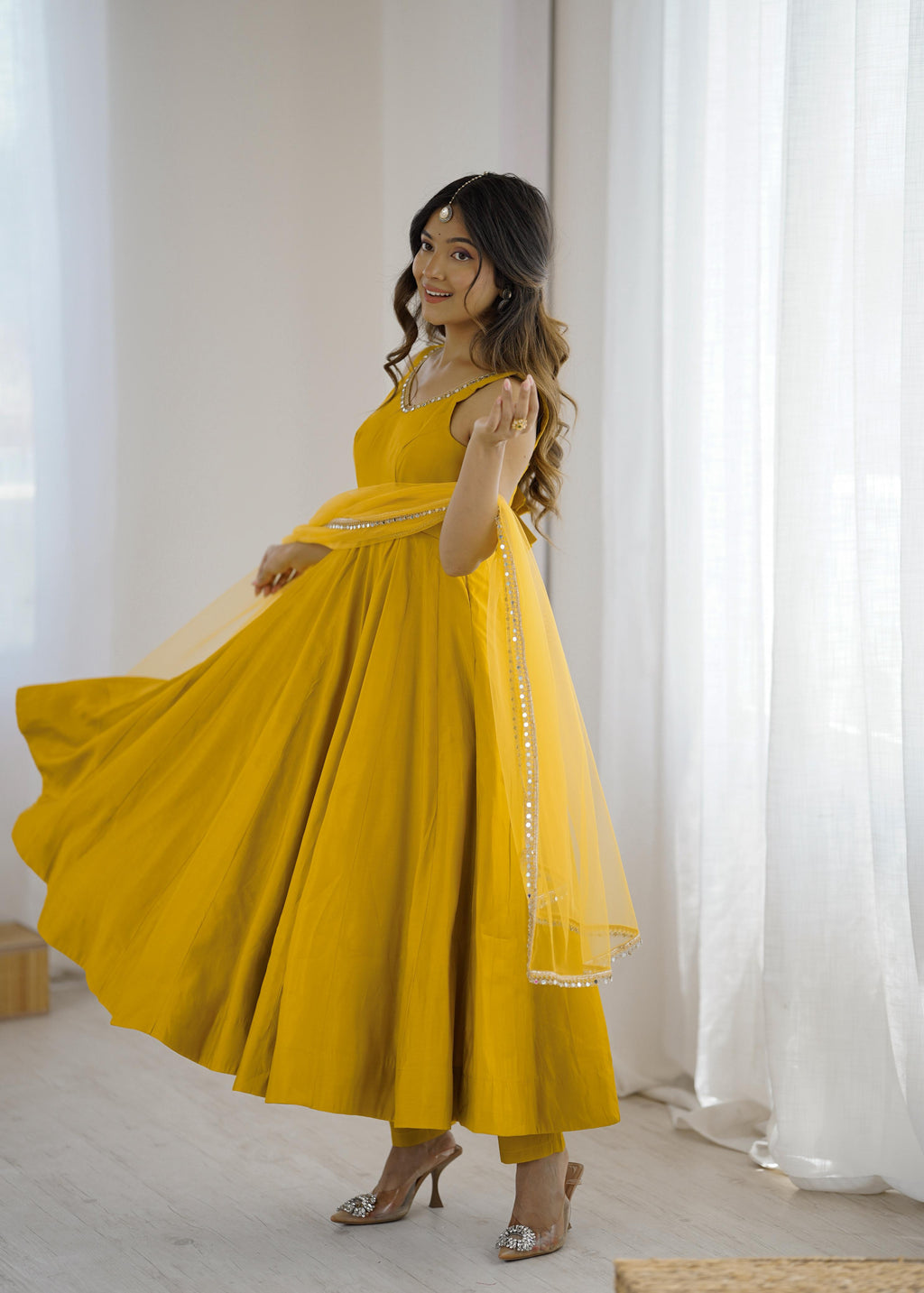 Mustard Yellow Anarkali Gown with Fancy Lace Dupatta