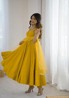 Mustard Yellow Anarkali Gown with Fancy Lace Dupatta