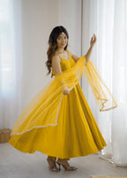Mustard Yellow Anarkali Gown with Fancy Lace Dupatta