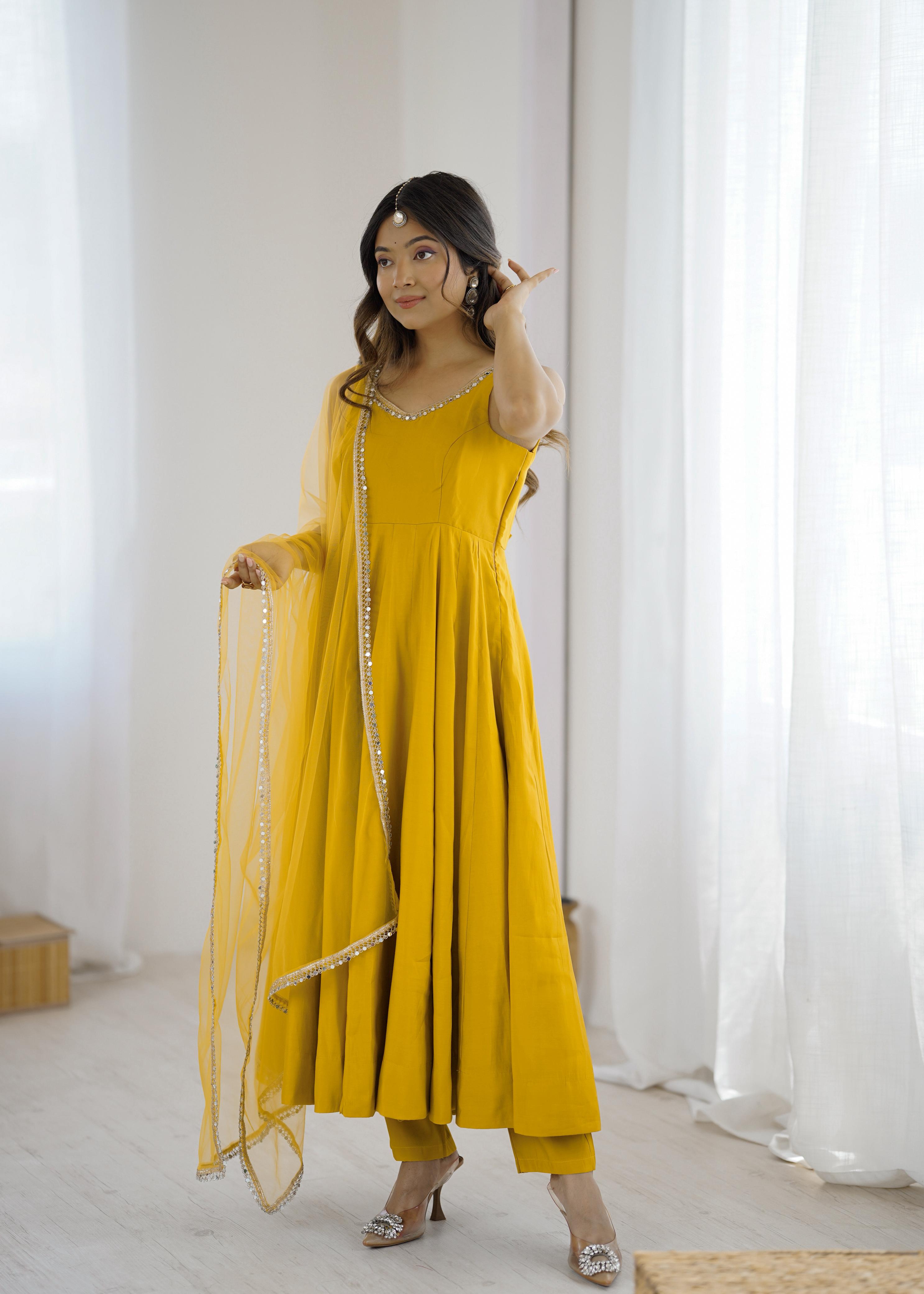 Mustard Yellow Anarkali Gown with Fancy Lace Dupatta