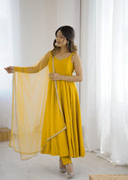 Mustard Yellow Anarkali Gown with Fancy Lace Dupatta