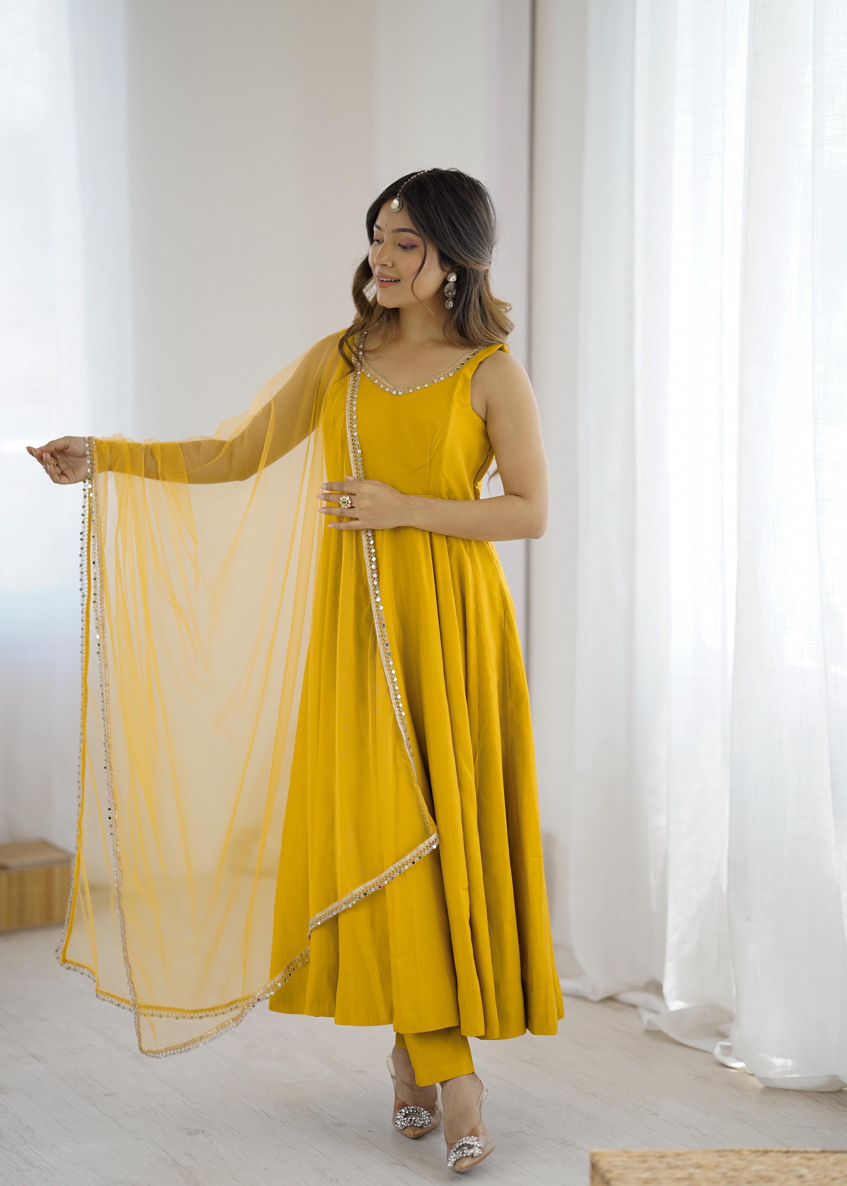 Mustard Yellow Anarkali Gown with Fancy Lace Dupatta