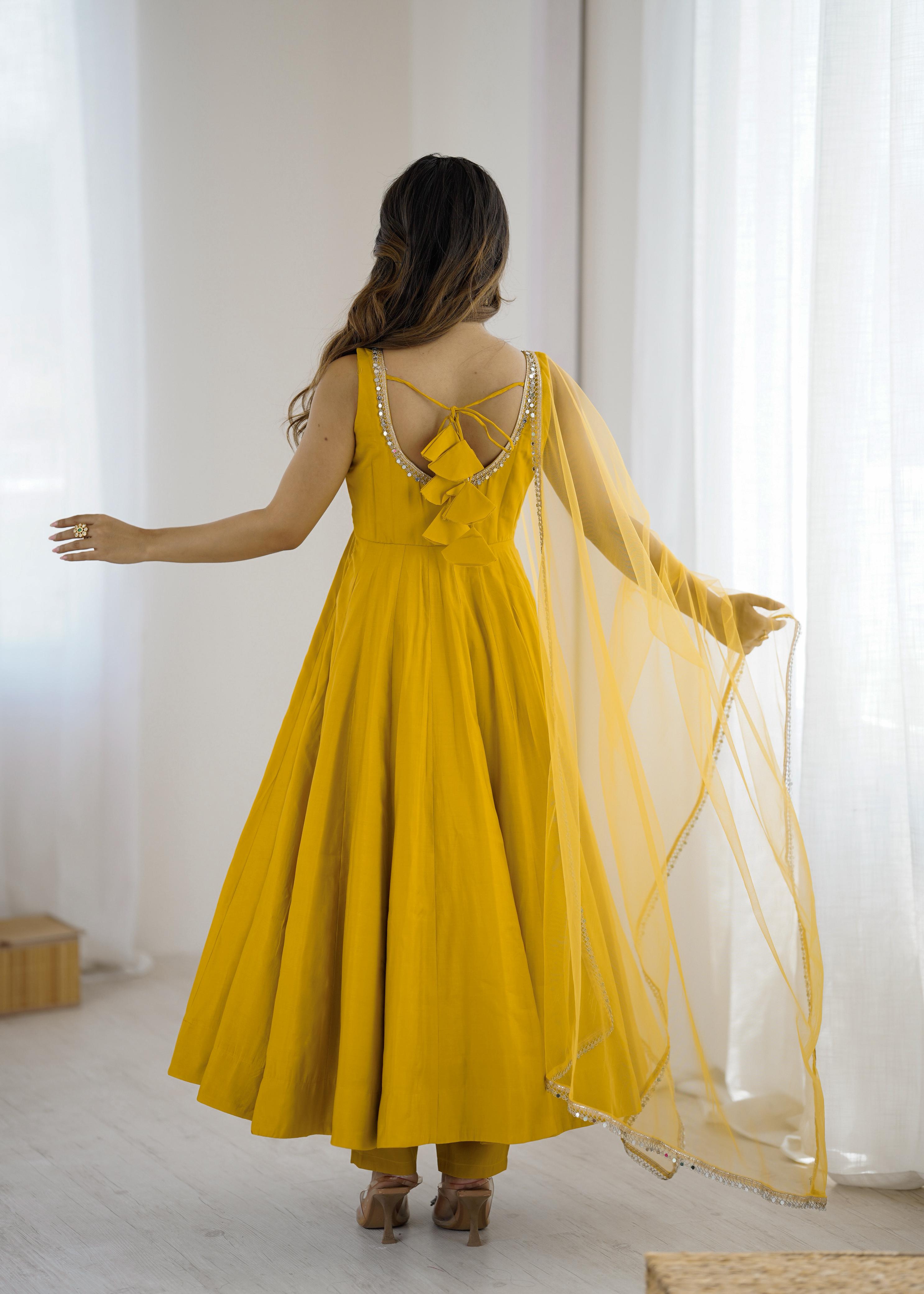 Mustard Yellow Anarkali Gown with Fancy Lace Dupatta