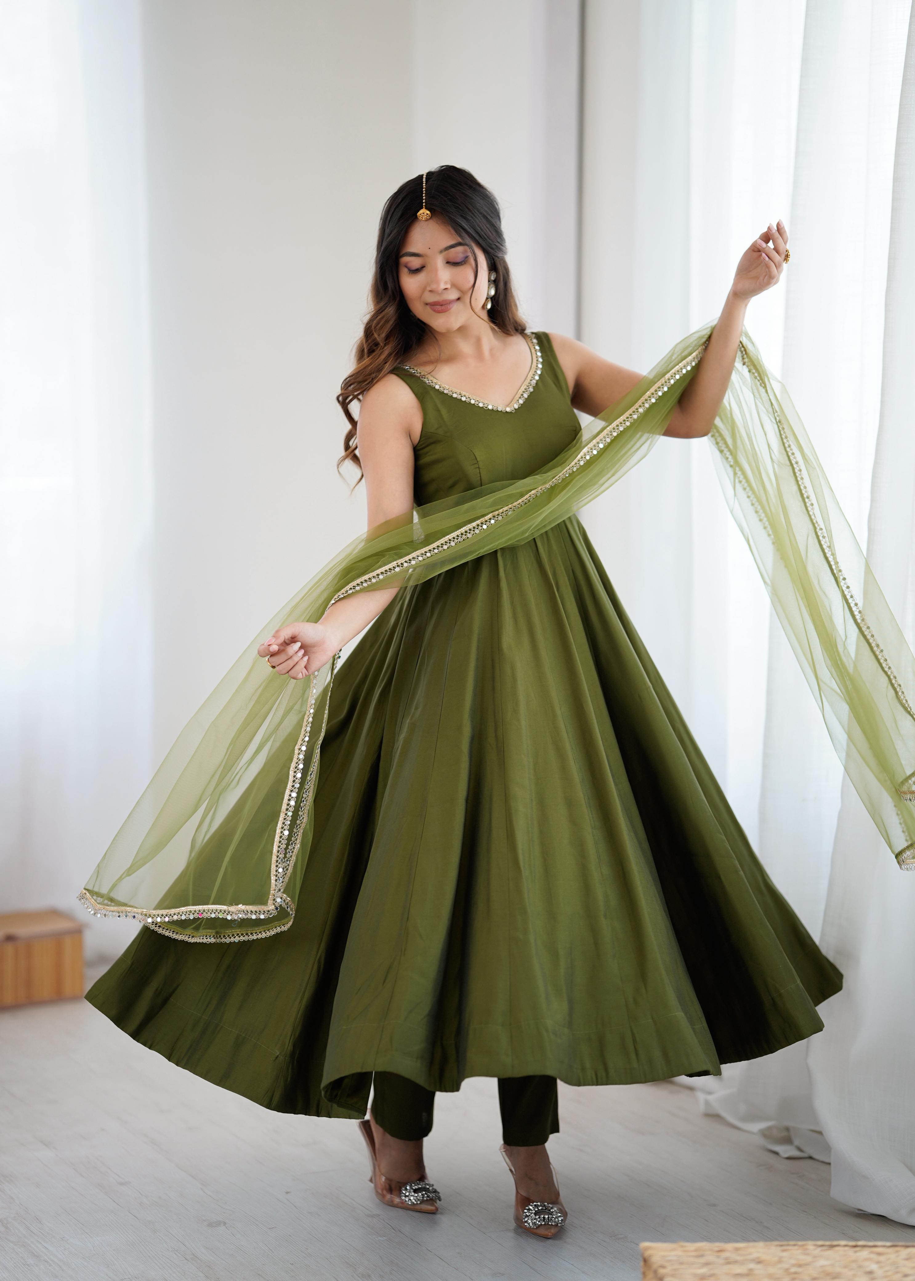 Olive Green Anarkali Gown with Fancy Lace Dupatta