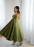 Olive Green Anarkali Gown with Fancy Lace Dupatta