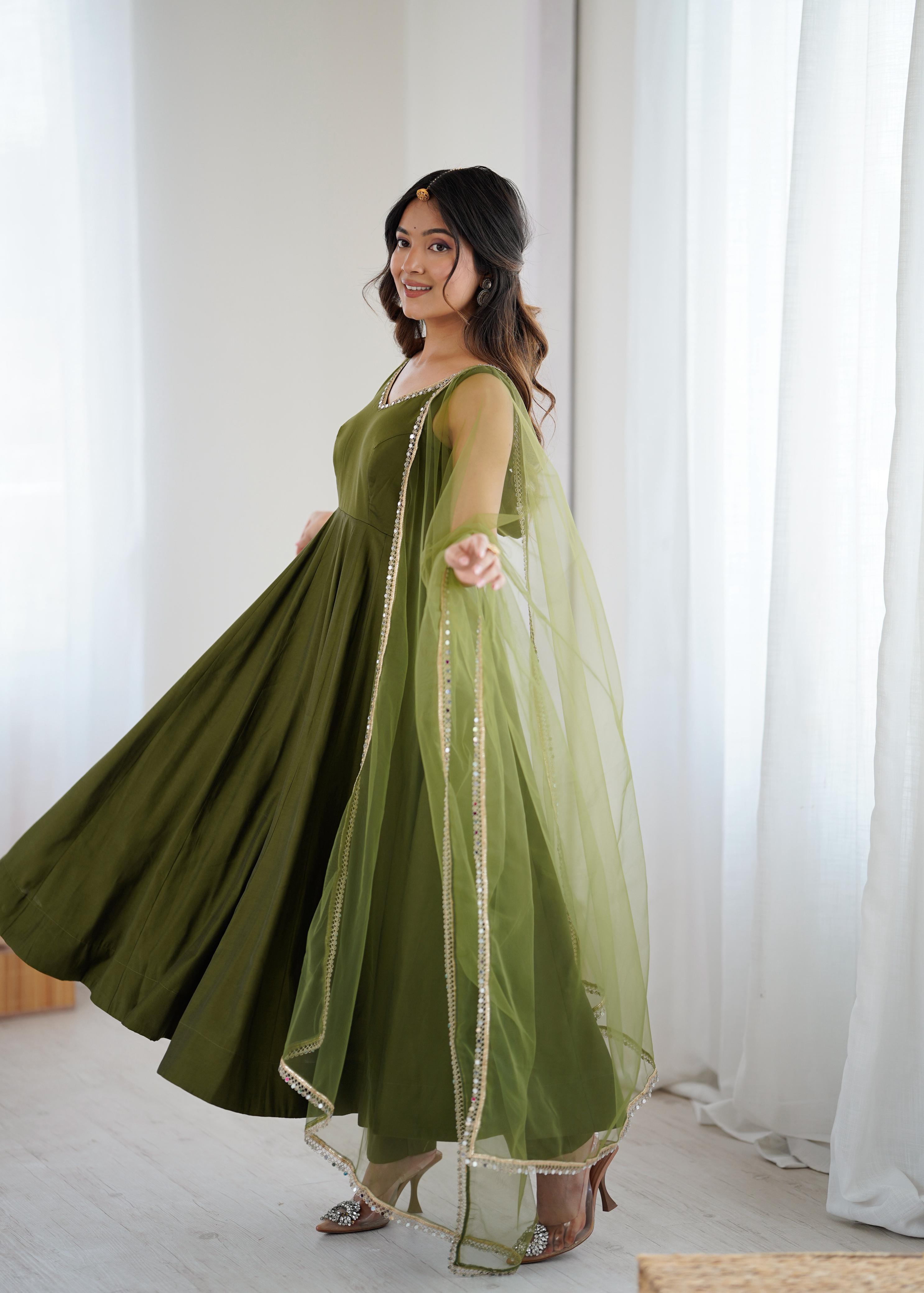Olive Green Anarkali Gown with Fancy Lace Dupatta